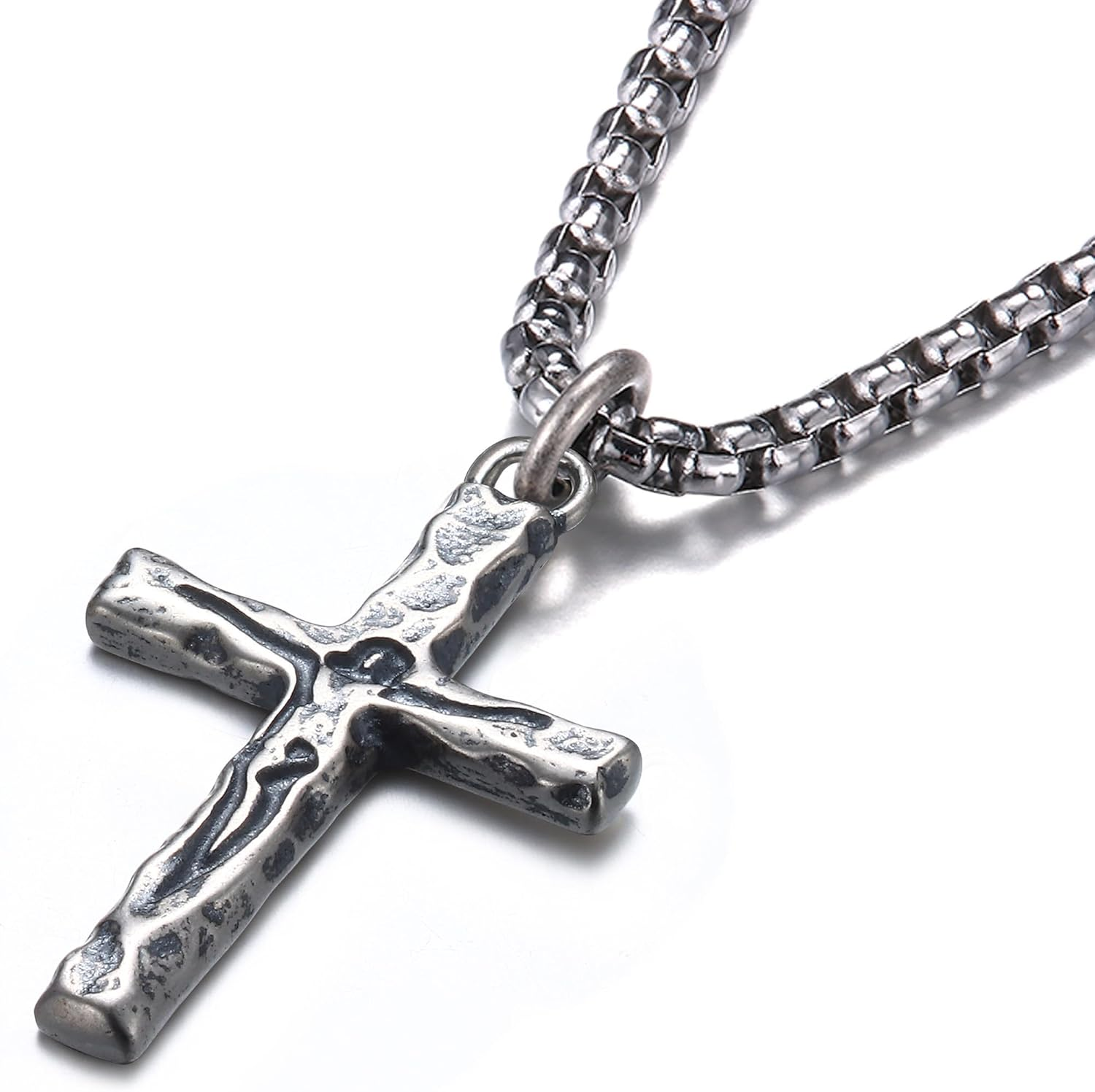 925 Sterling Silver Cross Crucifix Necklace Men - Sterling Silver Carved Jesus Cross Pendant with Stainless Steel Box Chain Catholic Necklaces Christian Jewelry for Mens Women 18-26 Inch
