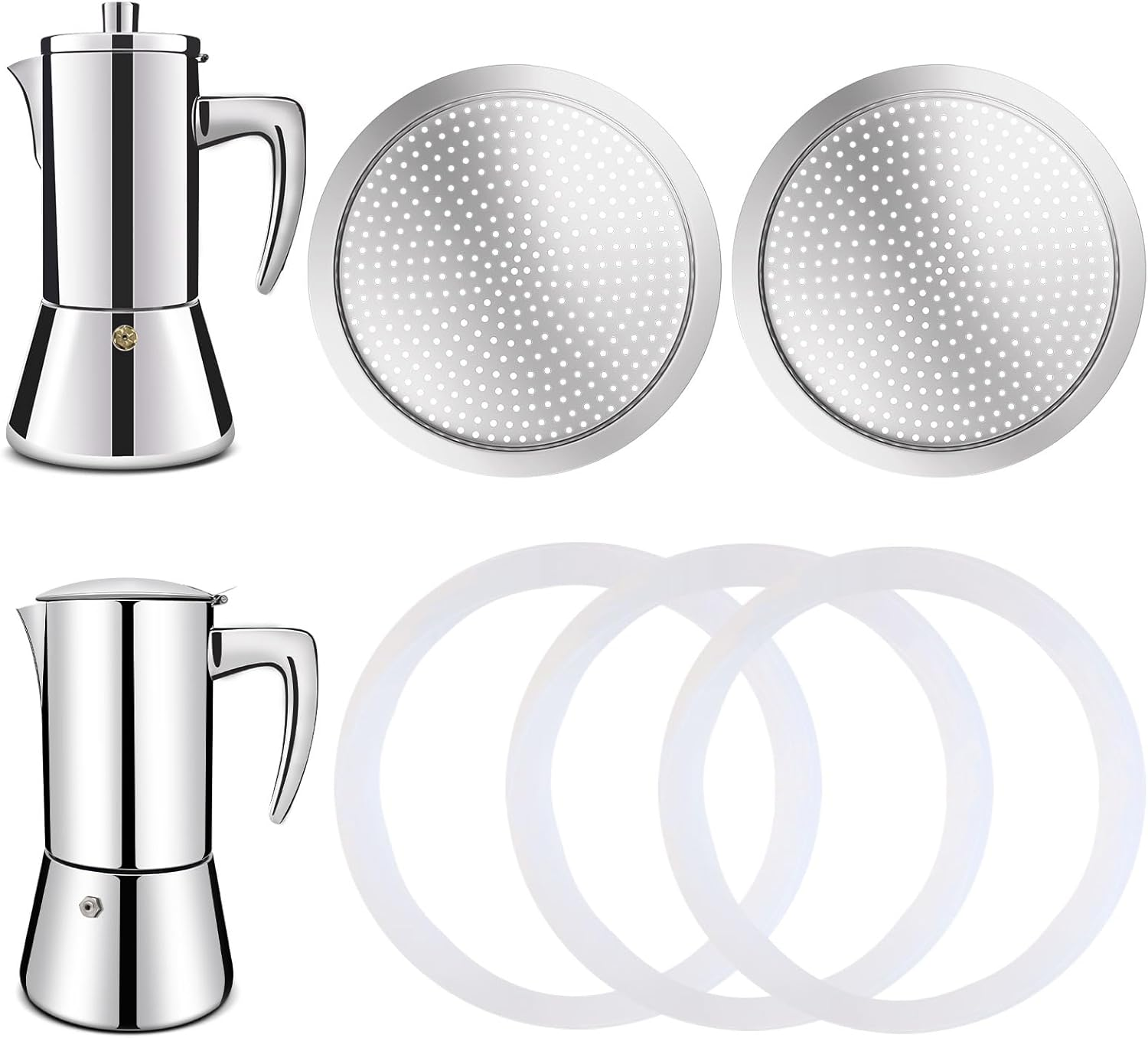 2 Pcs Filter with 3 Pcs Silicone Gasket Seals for 12 Cup Stovetop Espresso Coffee Maker Replacement Parts for 304 Stainless Steel Moka Pot