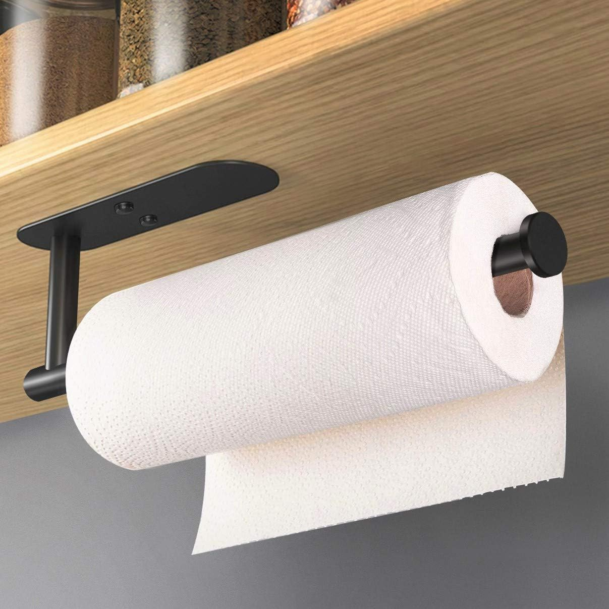 Adhesive Paper Towel Holder under Cabinet Wall Mount for Kitchen Paper Towel, Stainless Steel Paper Towel Roll Rack for Bathroom Towel (13Inch, Black)