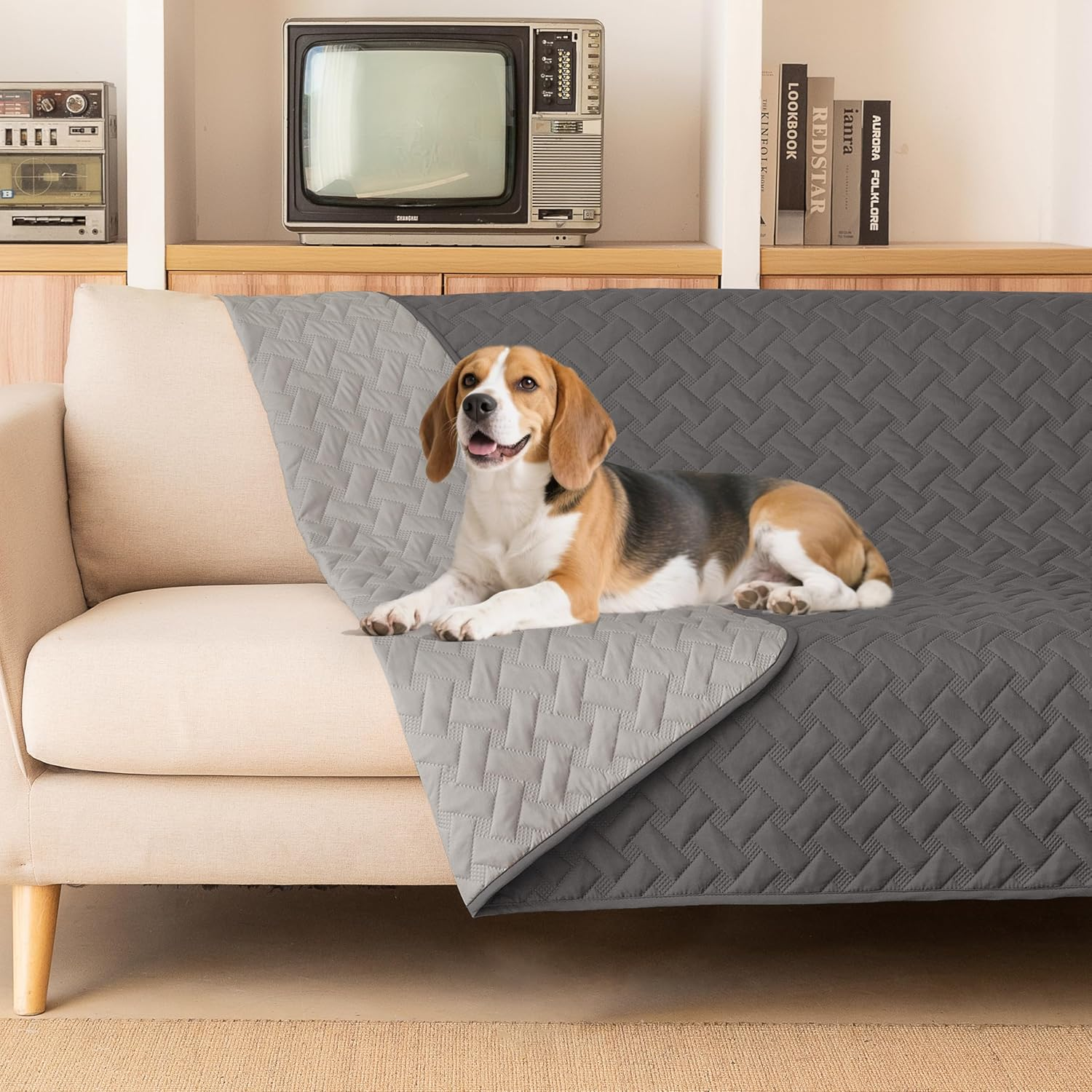 100% Double Sided Waterproof Dog Blanket Soft Pet Bed Cover Reversible Protect Furniture Couch Sofa Car for Puppy Cat Kids (Dark Grey/Light Grey, 52X82 Inch (Pack of 1))