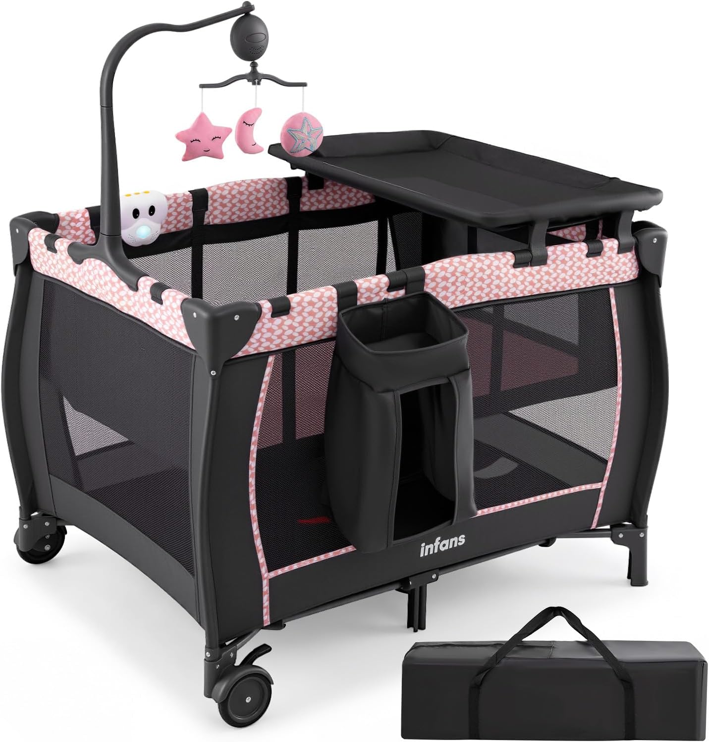 3 in 1 Pack and Play, Portable Travel Baby Bassinet with Detachable Mattress, Changing Table, Foldable Playpen with Carry Bag, 2 Wheels (Pink Stripes)