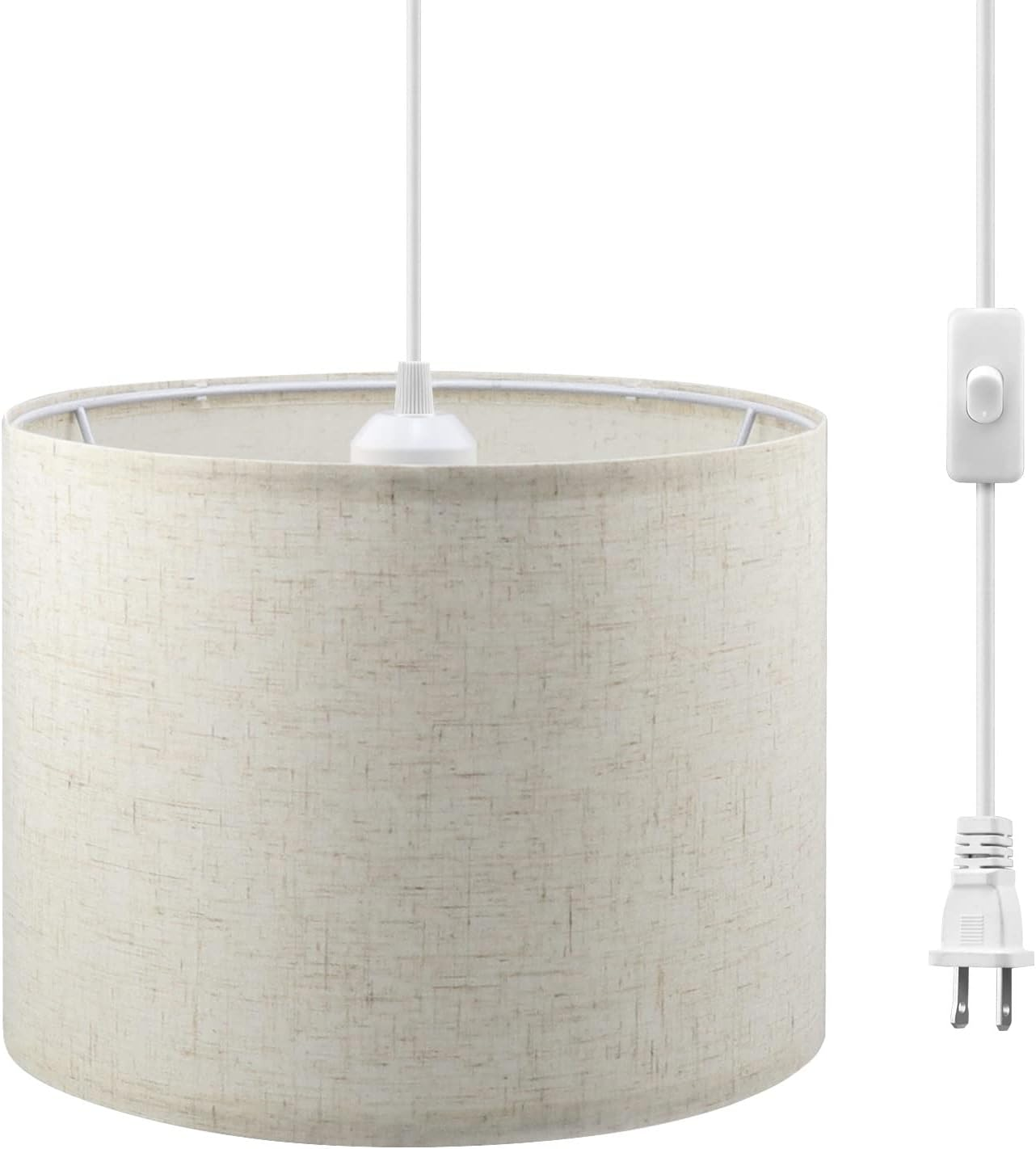 Plug in Pendant Light, 15 FT Hanging Lamp with Plug in Cord, On/Off Switch, Pendant Lighting with Fabric Shade, Hanging Light Fixture for Living Room, Bedroom, Dining Room, Kitchen (Beige)