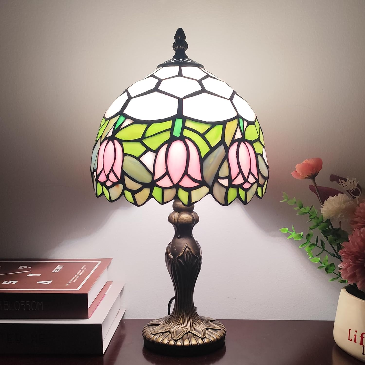Tiffany Table Lamp Small Stained Glass Desk Lamp Vintage Bedside Lamp Included 3 Way LED Bulb for Home Living Room Nightstand Bedroom Office (Pink Tulip)