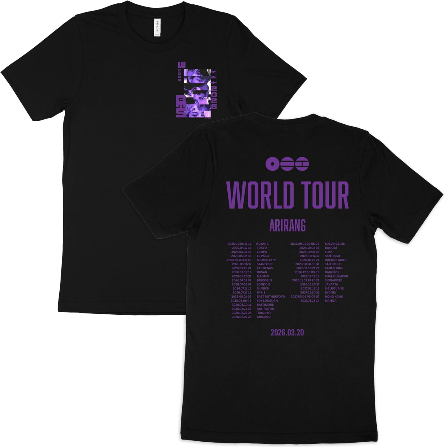 Purple Arirang World Tour Shirt - K-Pop Idol Portrait Graphic Tee - South Korean Boy Band Concert Dates Fan Souvenir Tee