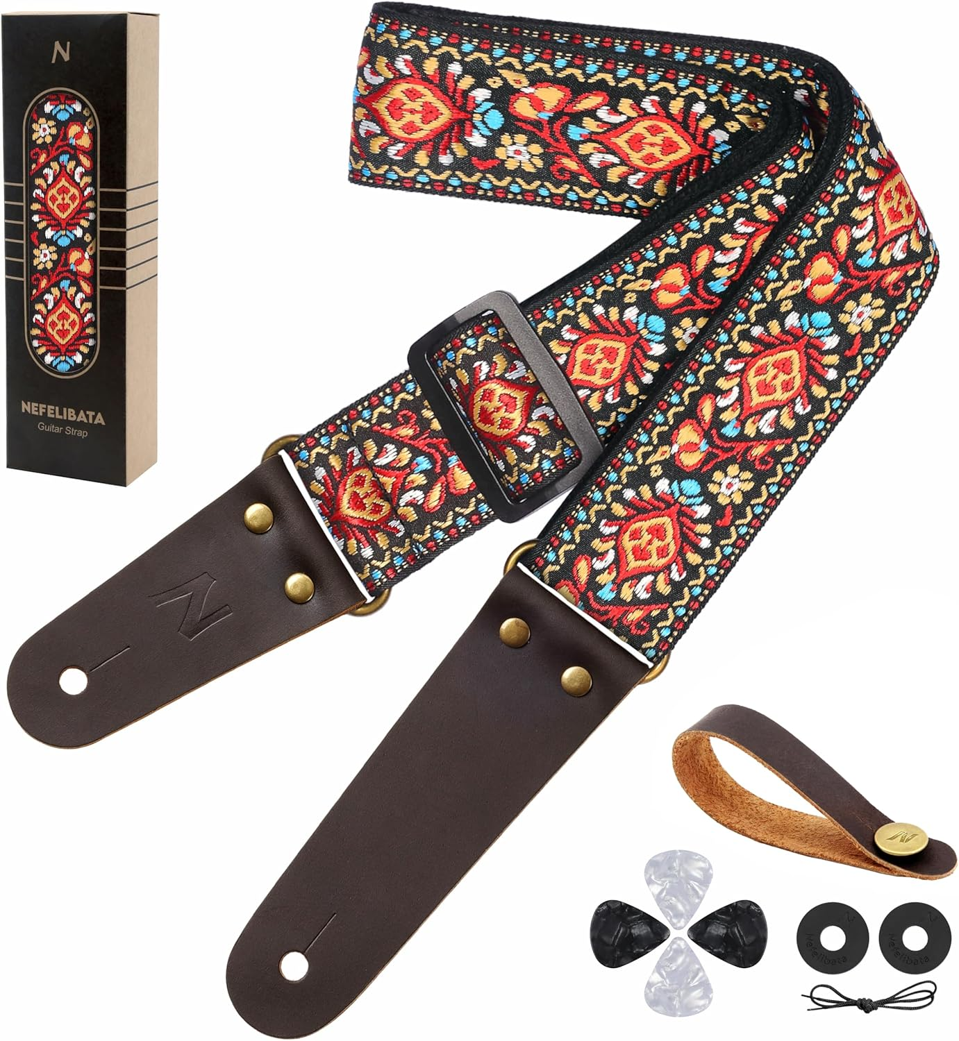Guitar Strap, Embroidered Cotton Guitar Straps with Head Cowhide Leather Ends for Bass, Electric & Acoustic Guitars, with Free Strap Button, 1 Pair Strap Locks and 4 Guitar Picks (Saffron)