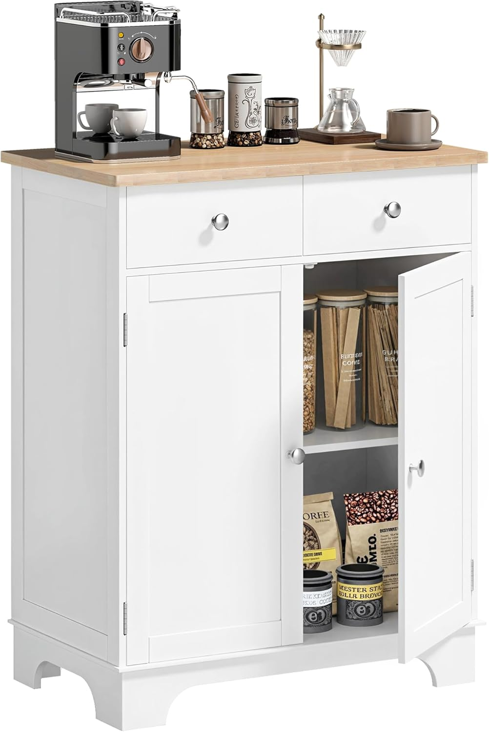 Sideboard Buffet Cabinet with Solid Wood Countertop, Modern Kitchen Storage Cabinet, Coffee Bar Cabinet with 2 Drawers, Doors and Adjustable Shelf, White