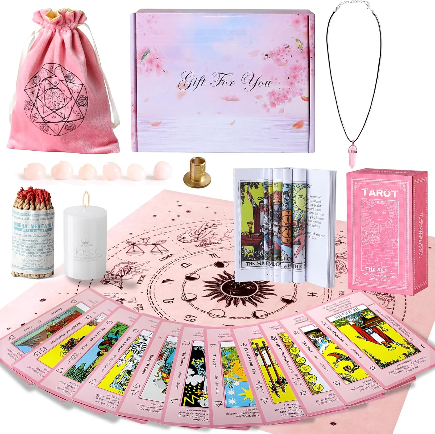 Tarot Cards Set with Meanings on Them-Beginner Tarot Deck Set-Tarot Spread Cloth,Velvet Pouches-Tarot Cards for Beginners Crystal-Rope Satya Incense