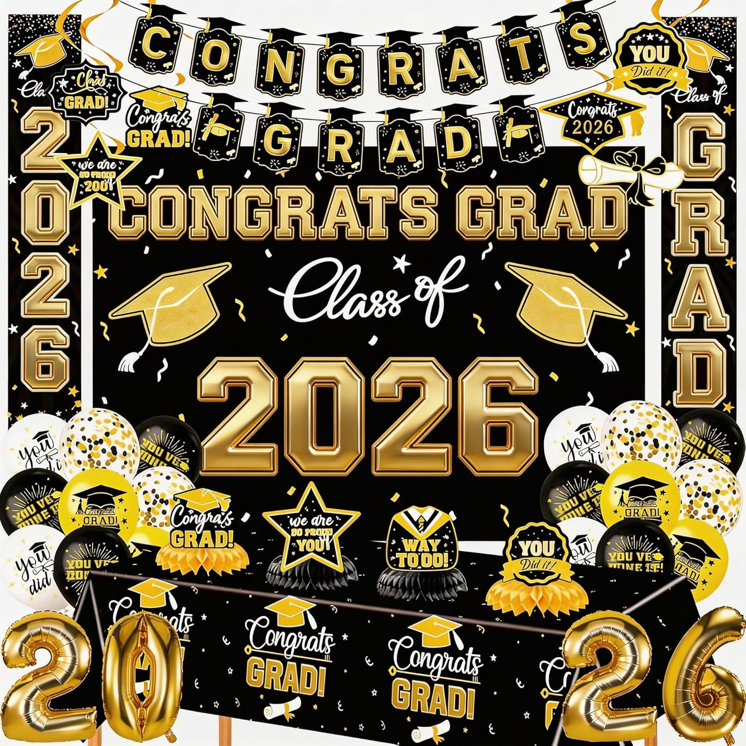 Class of 2026 Graduation Party Decorations Set, Black Gold Congrats Grad Banner & Backdrop with Table Centerpieces and Balloons, 2026 Graduation Decorations for Party Supplies, Photo Booth Background