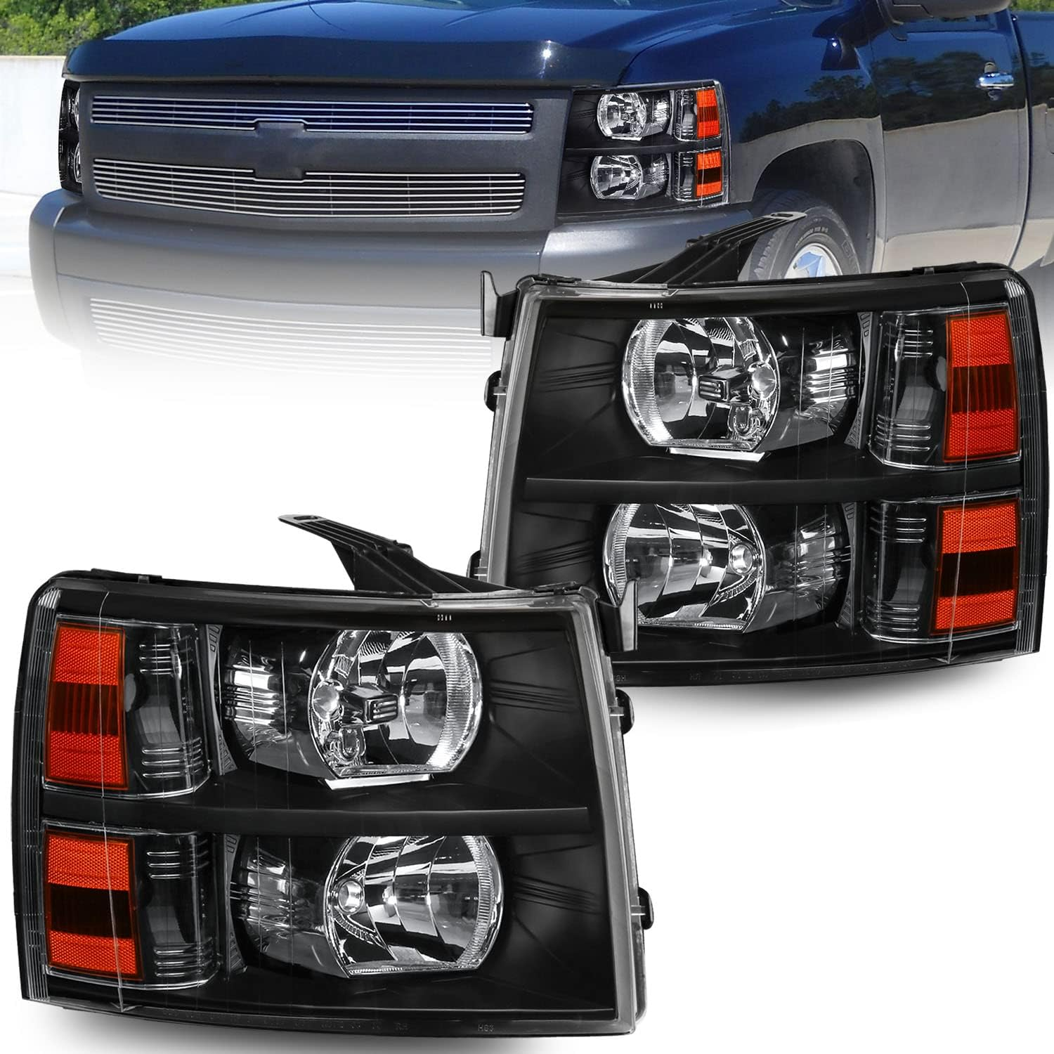 Headlight Assembly Compatible with 2007-2013 Chevy Chevrolet Silverado 1500 2500 3500 Front Lamp with Black Housing/Clear Lens/Amber Reflector