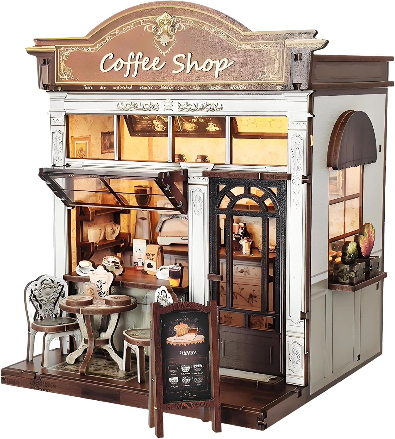 DIY Miniature House Kit, Coffee Shop Book Nook Kit, Mini Building Kit, Dollhouse Kit for Adults and Teens, 3D Wooden Puzzles with LED Light, Craft Kit for Family and Friends(Retro Coffee Shop)