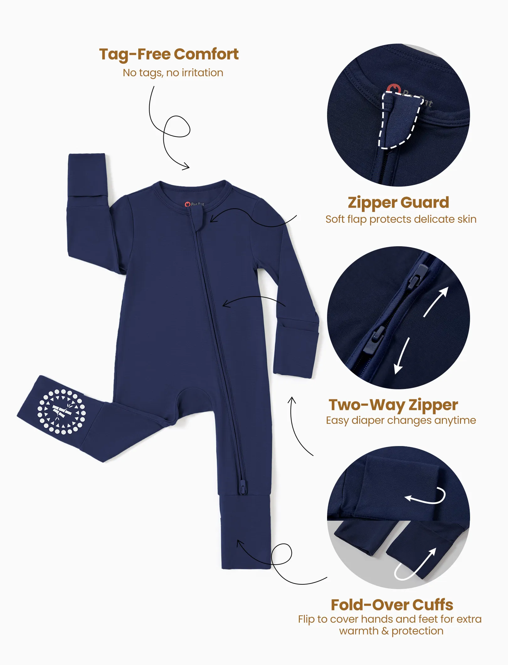 Bamboo Baby Boy / Girl 3-Pack Solid&Rainbow Printed 2-Way Zipper anti Slip Long-Sleeve Footie Dark Blue