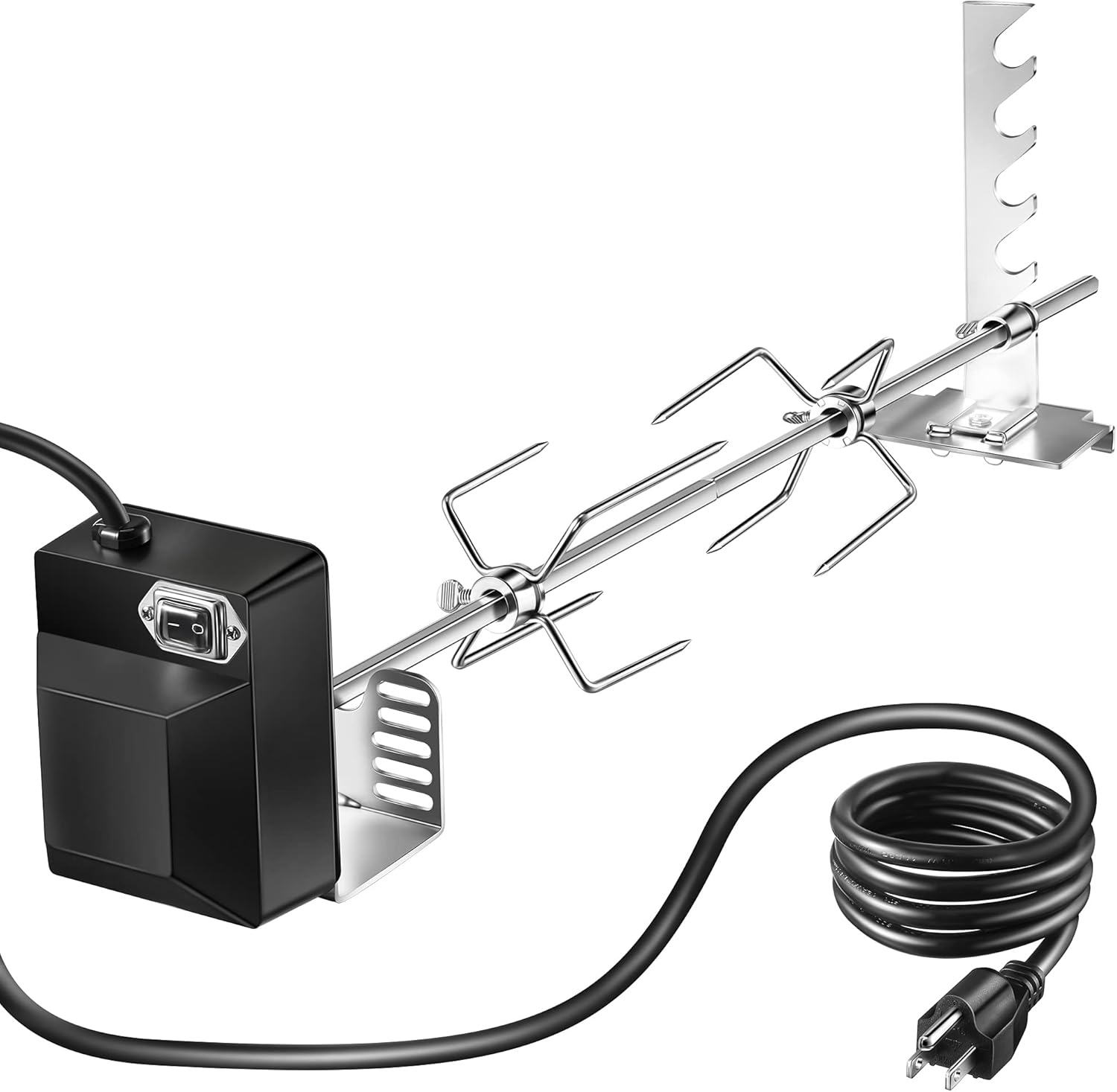 Universal Rotisserie Grill Kit, 360° Automatic Rotating Rotisserie Kit with 120V 4W Motor, 28'' Spit Rod, 2 X 4 Forks, Complete Holders and Fixing Screw for Backyard Camping Grills