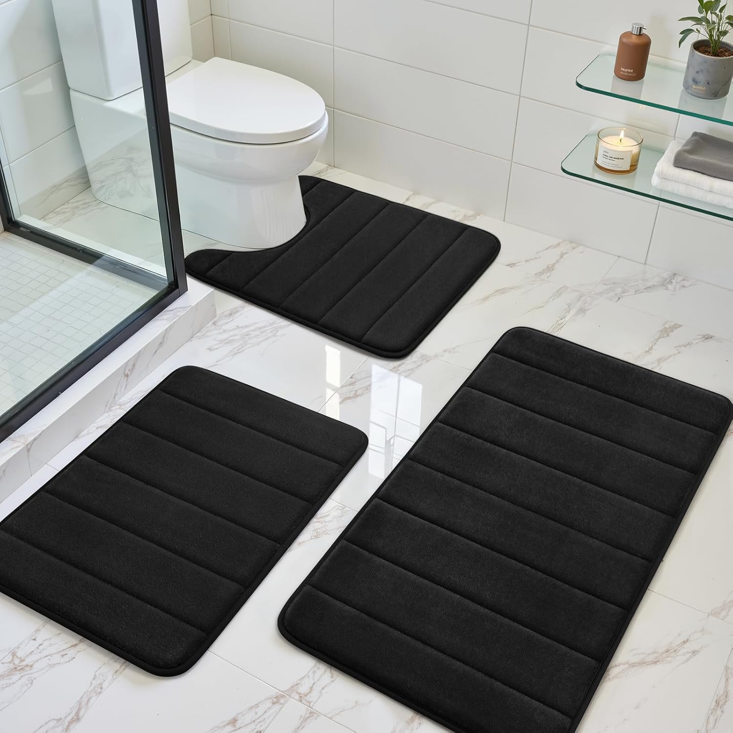 Black Memory Foam Bathroom Rug Set 3 Piece, Non Slip Extra Soft Absorbent Washable & Dry Toilet Bath Mat Sets