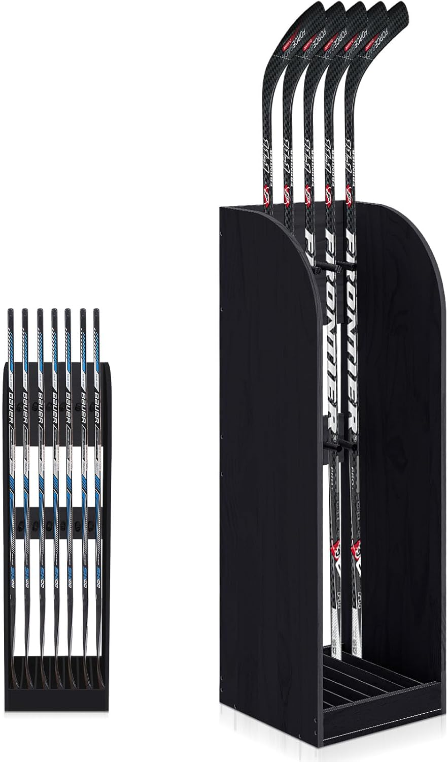 38 Inch Vertical Hockey Stick Rack Wooden Hold 7 Hockey Sticks Holder Stand Organizer for Players Display Home Garage Storage