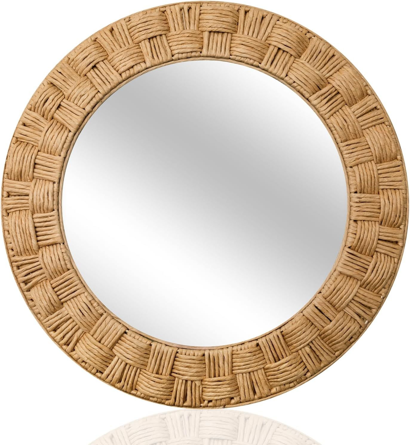 30 Inch Rattan Wall Mirror round Rope Boho Mirror Wicker Chequered Handwoven Natural Rustic Beachy Coastal Decorative for Bathroom, Bedroom, Living Room, Entryway