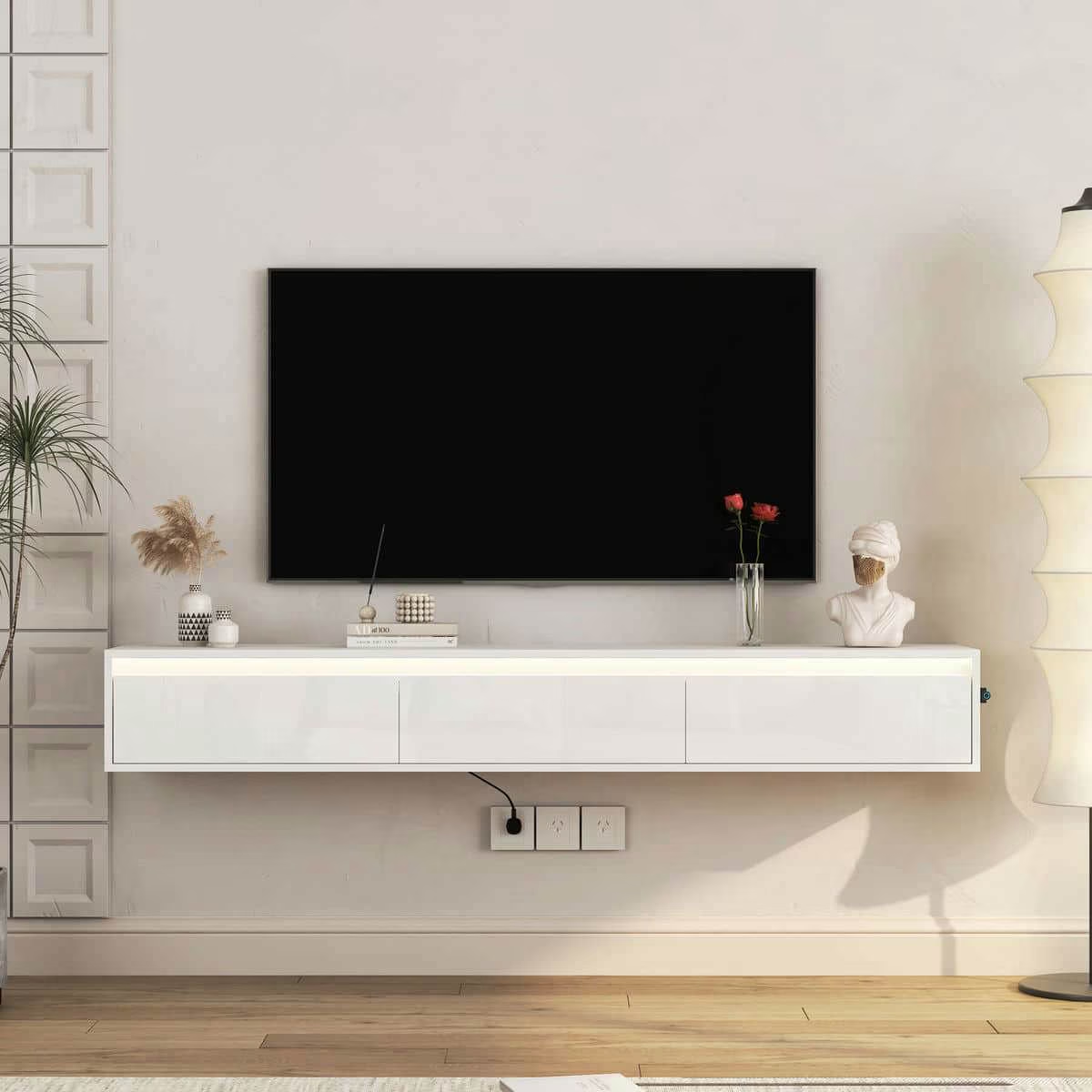 TV Stand, Entertainment Center,Floating TV Stand, Wall Mounted TV Shelf with Led Lights & Power Outlet