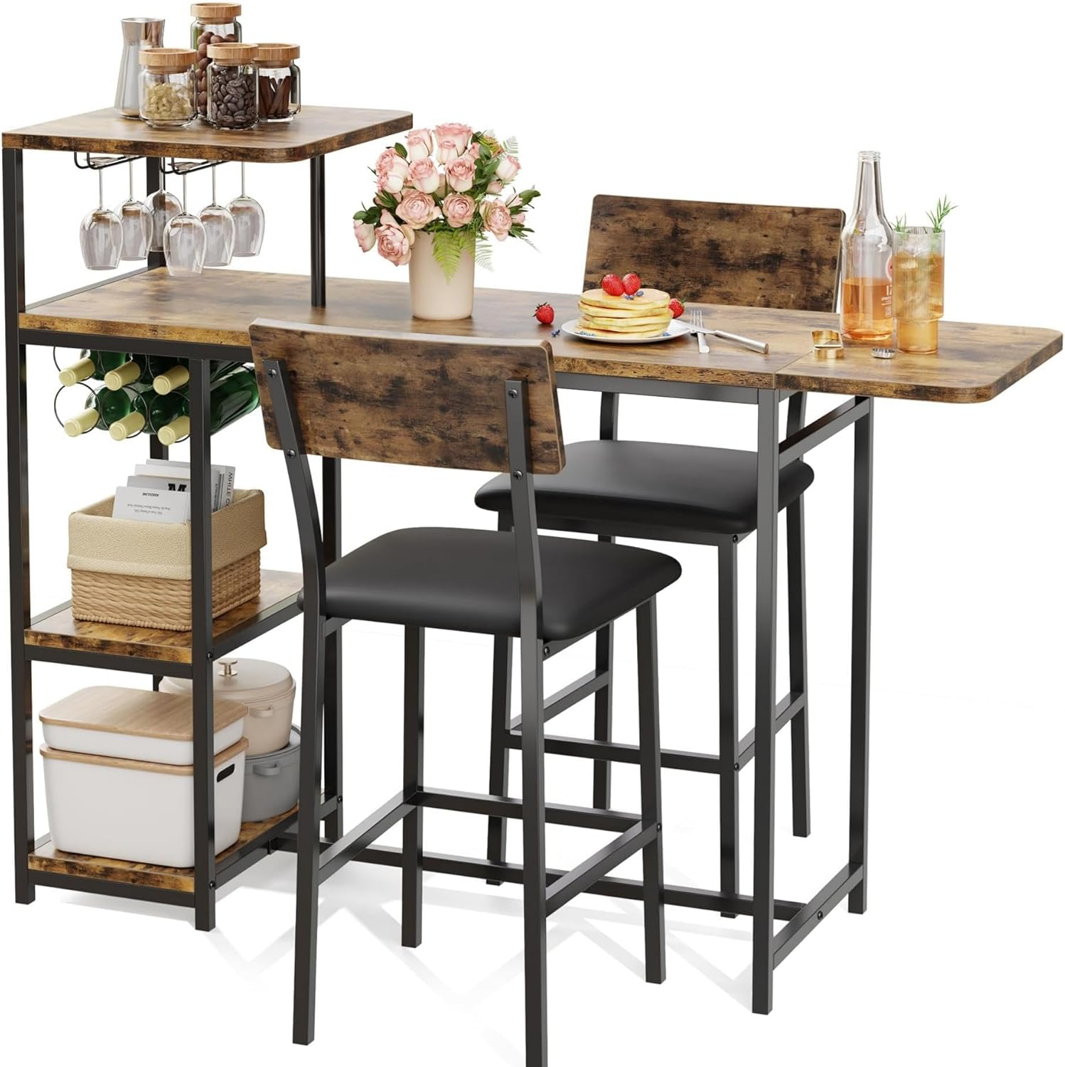 3-Piece Dining Set, Bar Table and Chairs Set for 2, High Top Table and Upholstered Chairs with Storage Shelves, Breakfast Nook, Bar Pub Set for Kitchen, Home Bar, Small Space
