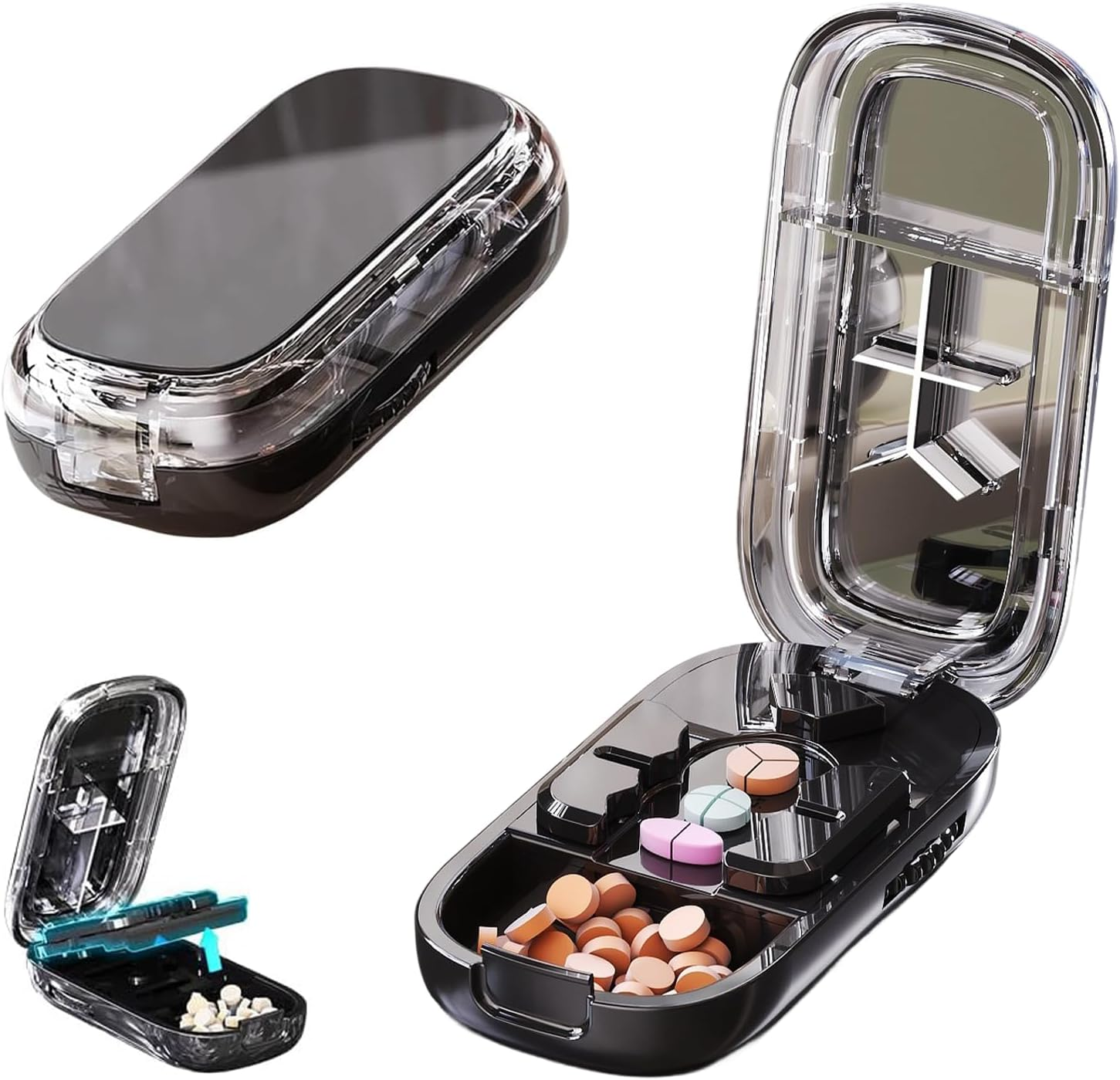 Pill Cutter, 2025 New Portable 1/2 1/3 1/4 Pills Splitter with Stainless Steel Blade and Centering Guide Tablet, Storage Orangizer, 3 Mode Tablet Splitter for Large, Small, Tiny Pills (Black)