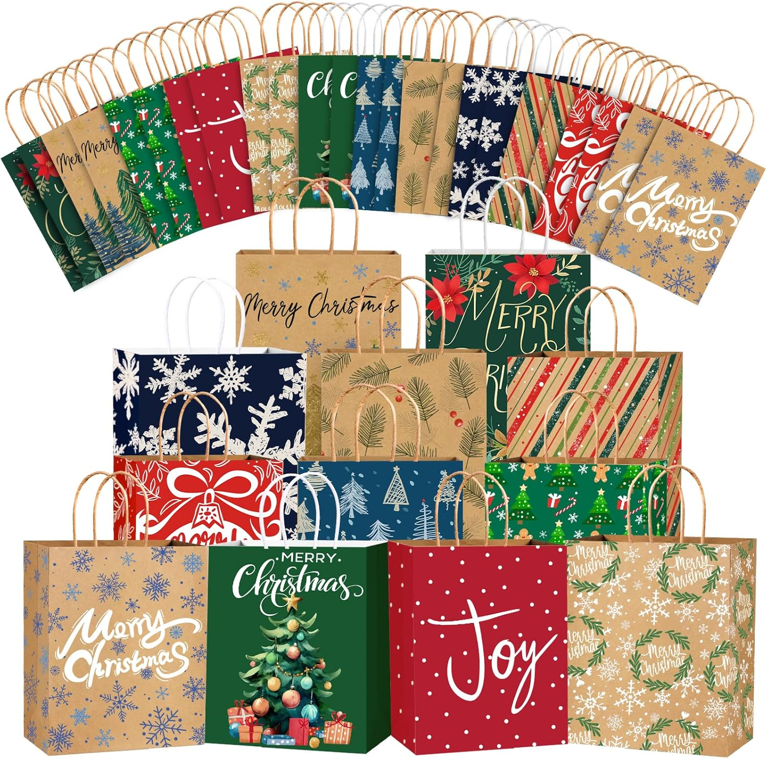 24PCS Christmas Gift Bags，Christmas Kraft Paper Reusable Small Gift Bags Bulk