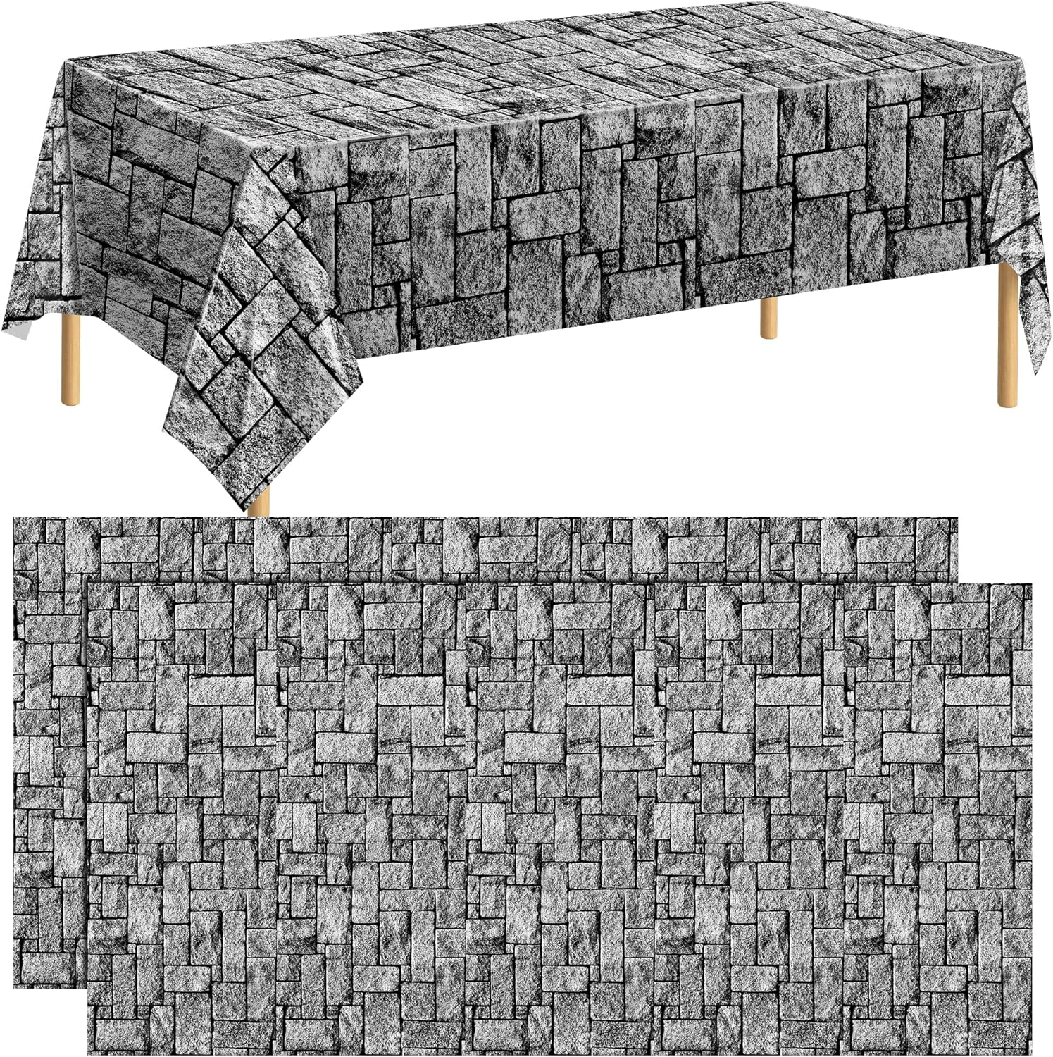 Durony Waterproof Stone Wall Tablecloths for Medieval Themed Parties, 2 Pack