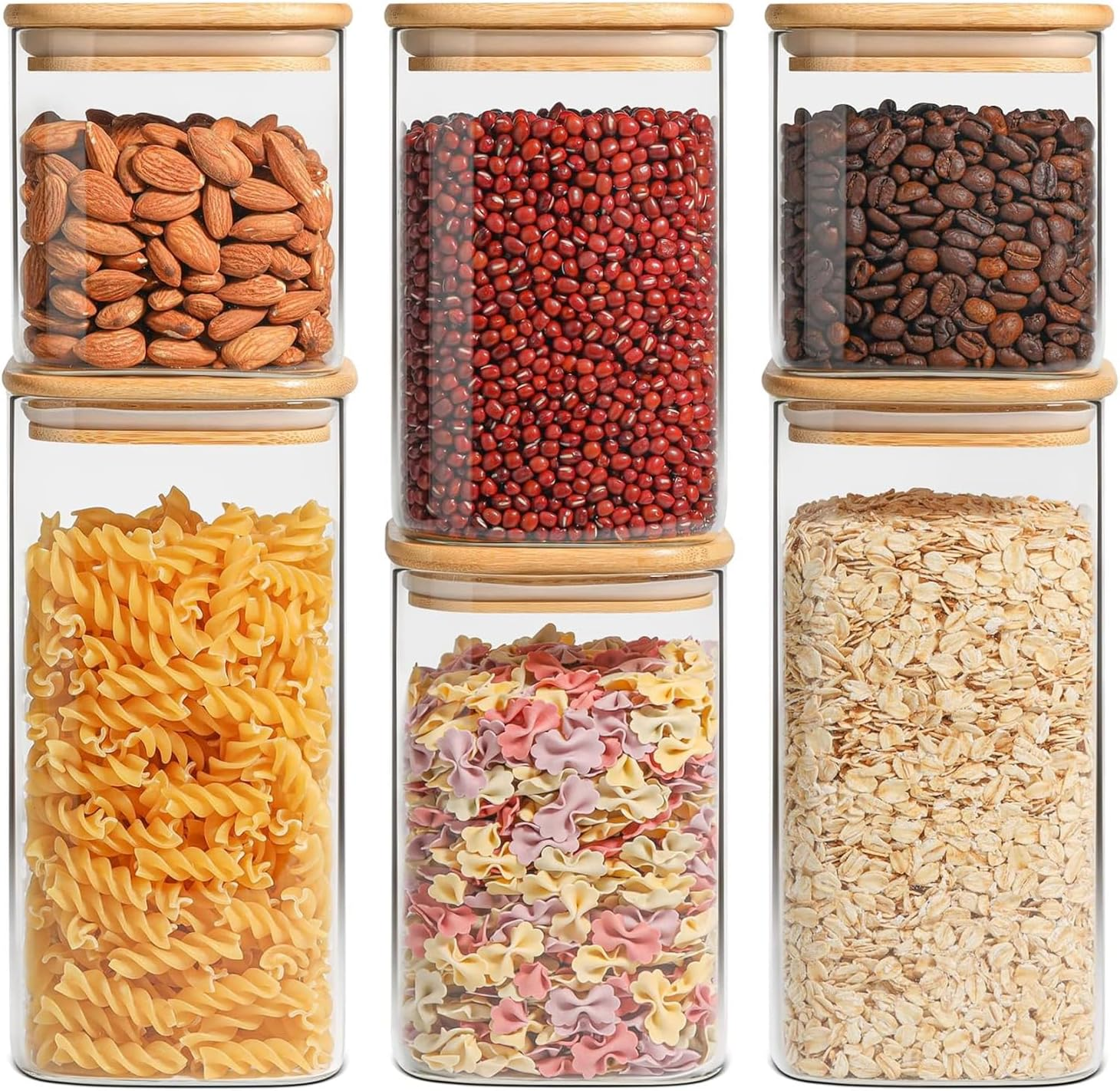 Airtight Glass Storage Canister with Lids (0.7Qt/1.2Qt/1.6Qt) Set of 6, Food Storage Container Kitchen Pantry Storage Jar, Glass Jars for Flour Cereal Sugar Tea Coffee Beans Snacks, Square