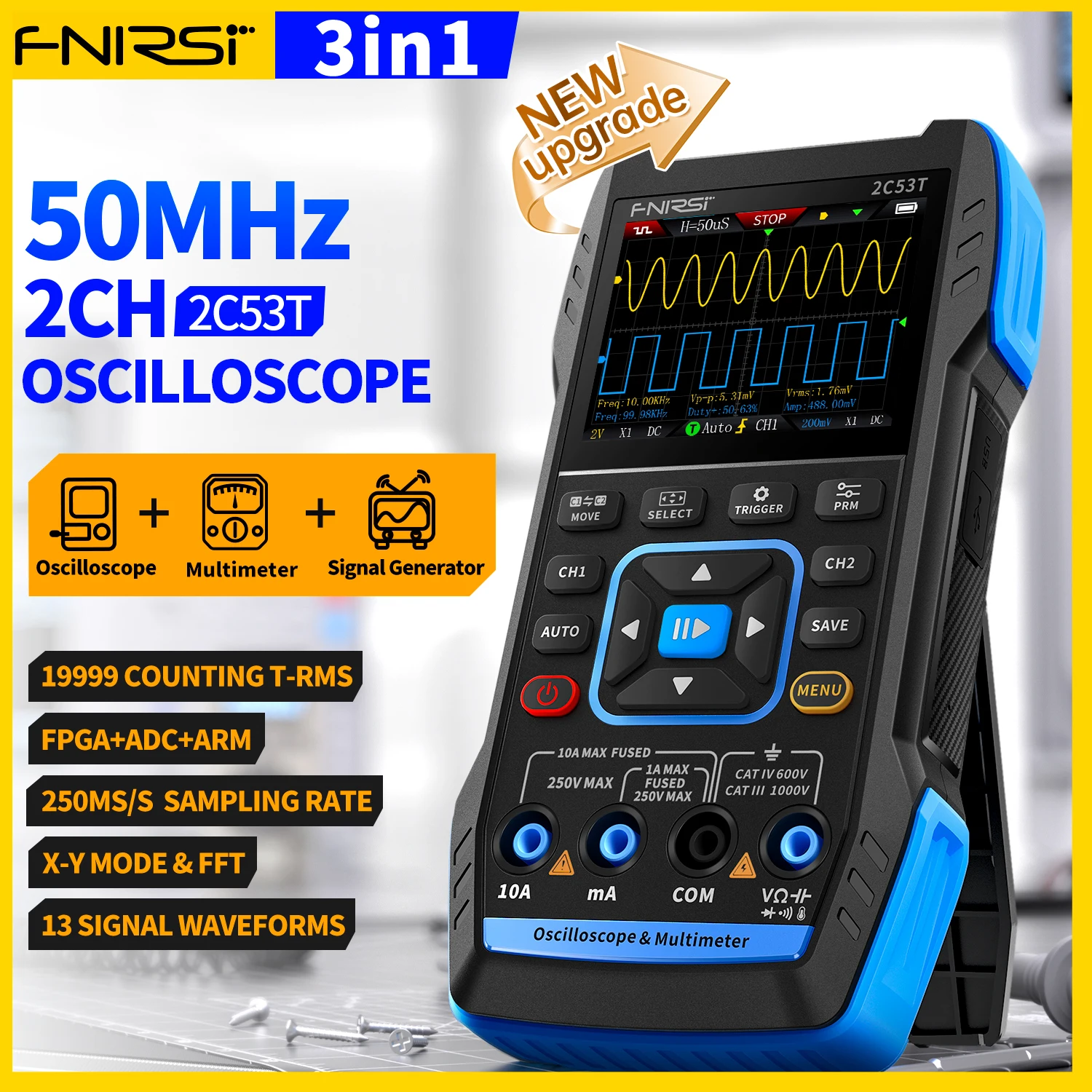 2C53T Upgraded 50MHz Bandwidth 3IN1 Digital Oscilloscope Multimeter DDS Generator 2 Channel 20000 Countes Voltage/Current