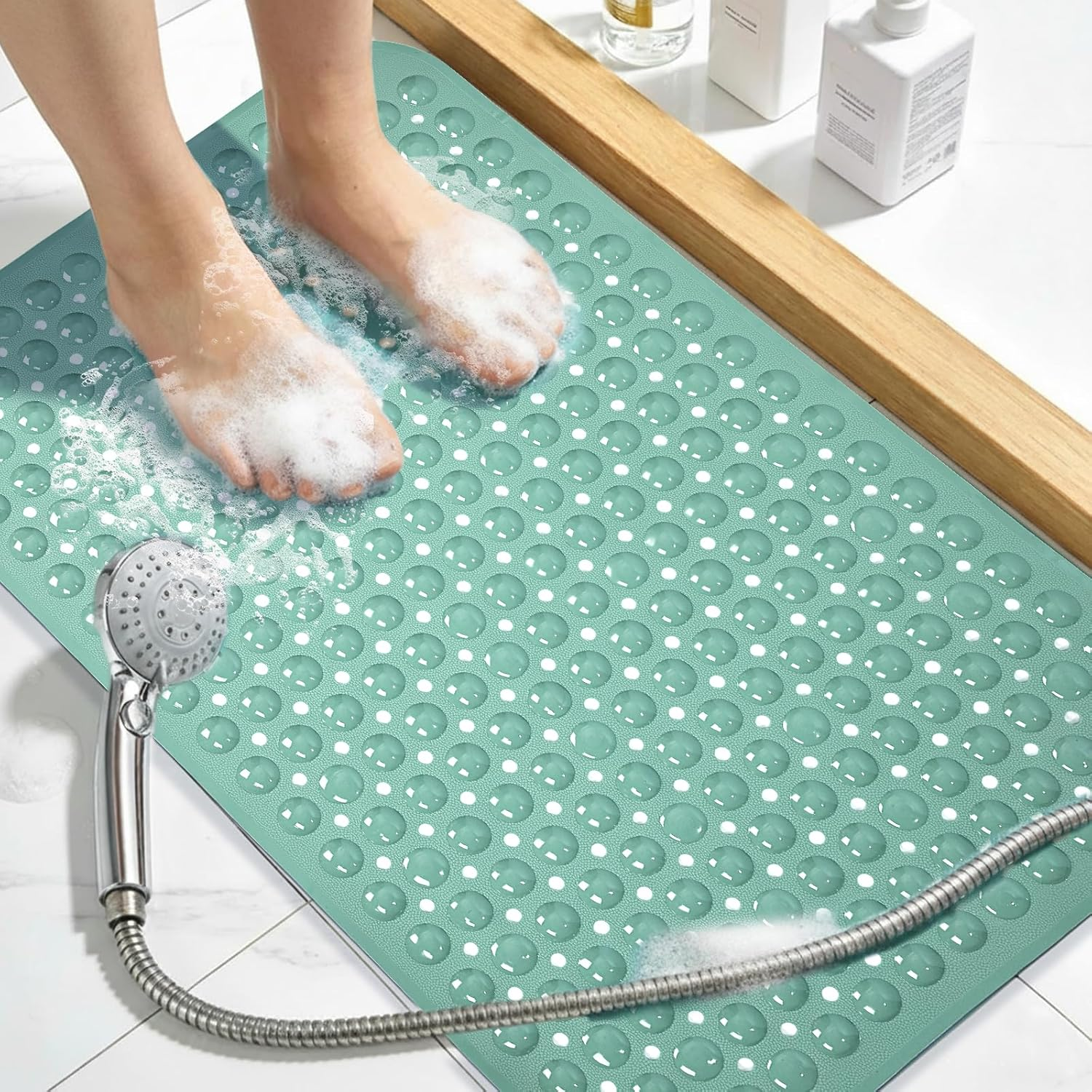Large Shower Mat 21.5x33.5 Inch Mars Green, Soft Non Slip Shower Mats for Inside Shower with Big Suction Cups Drain Holes, Extra Large Bath Bathtub Mat Floor Stall Mats, BPA-Free, Easy Clean