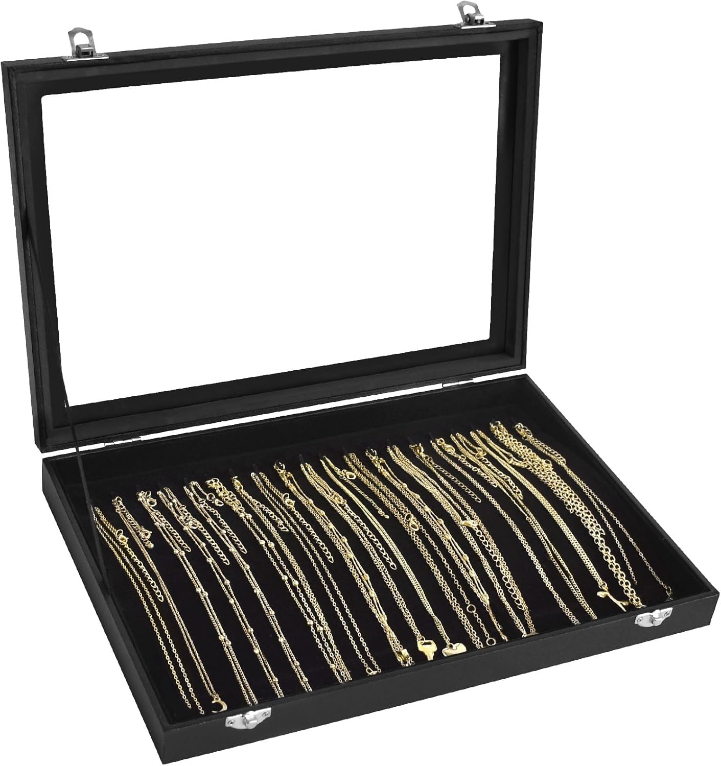 Necklace Organizer Box with Clear Lid Velvet Tray for Jewelry Storage Display Case, 20 Hooks Glass Top Drawer Insert Necklaces Pendants Dustproof Necklace Jewelry Box Organizer & Tray (Black)