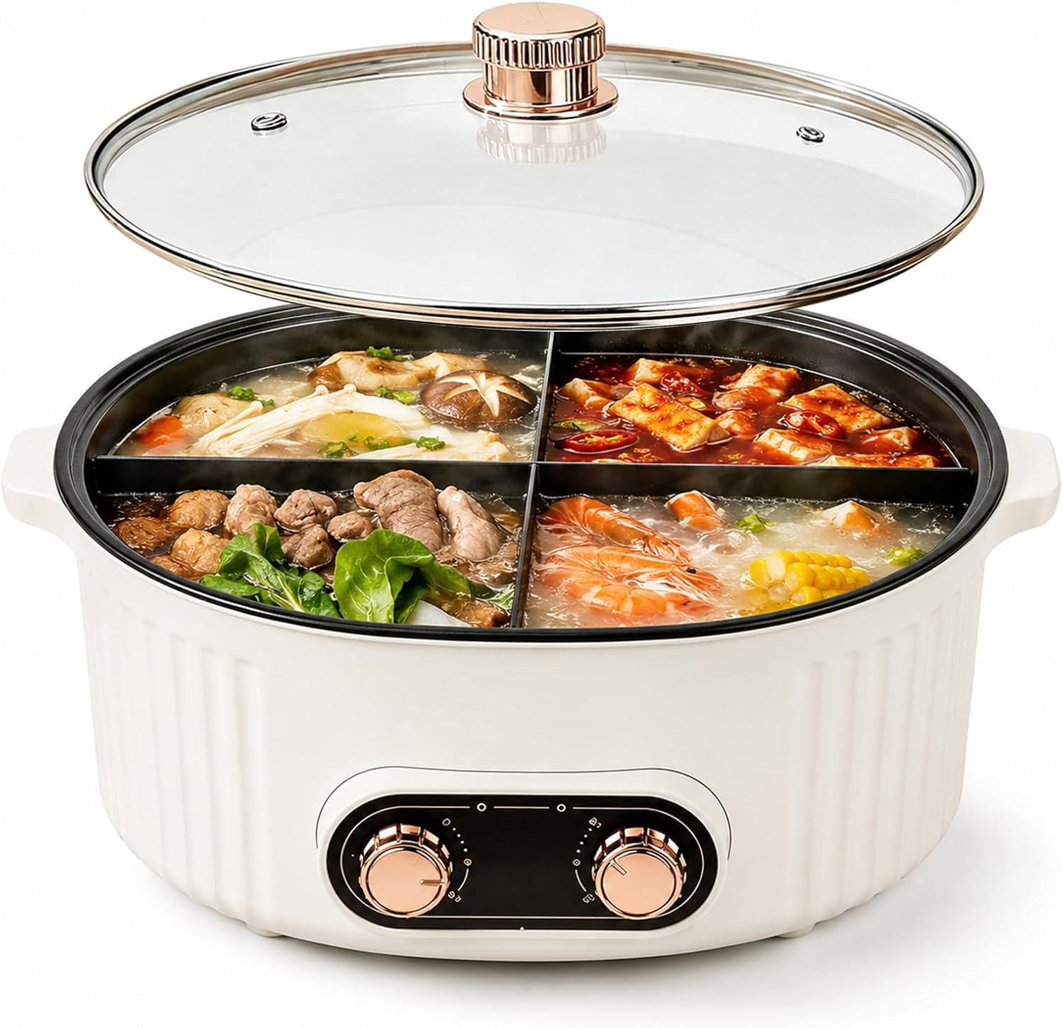 4-Compartment Hot Pot, 6L Large Stew Pots with Divider, Dual Knob Independent Temperature Control, Shabu Shabu Pot Perfect for Family Dinners and Parties
