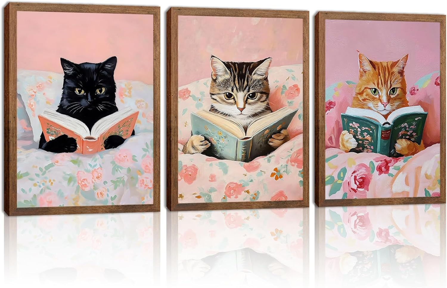 Cute Cat Wall Art Set of 3, Vintage Funny Black Cat Book Canvas Wall Decor, Pink Animal Reading Books Picture Print for Boby Room Bedroom Living Room Home Decor 24X16 Wood Framed