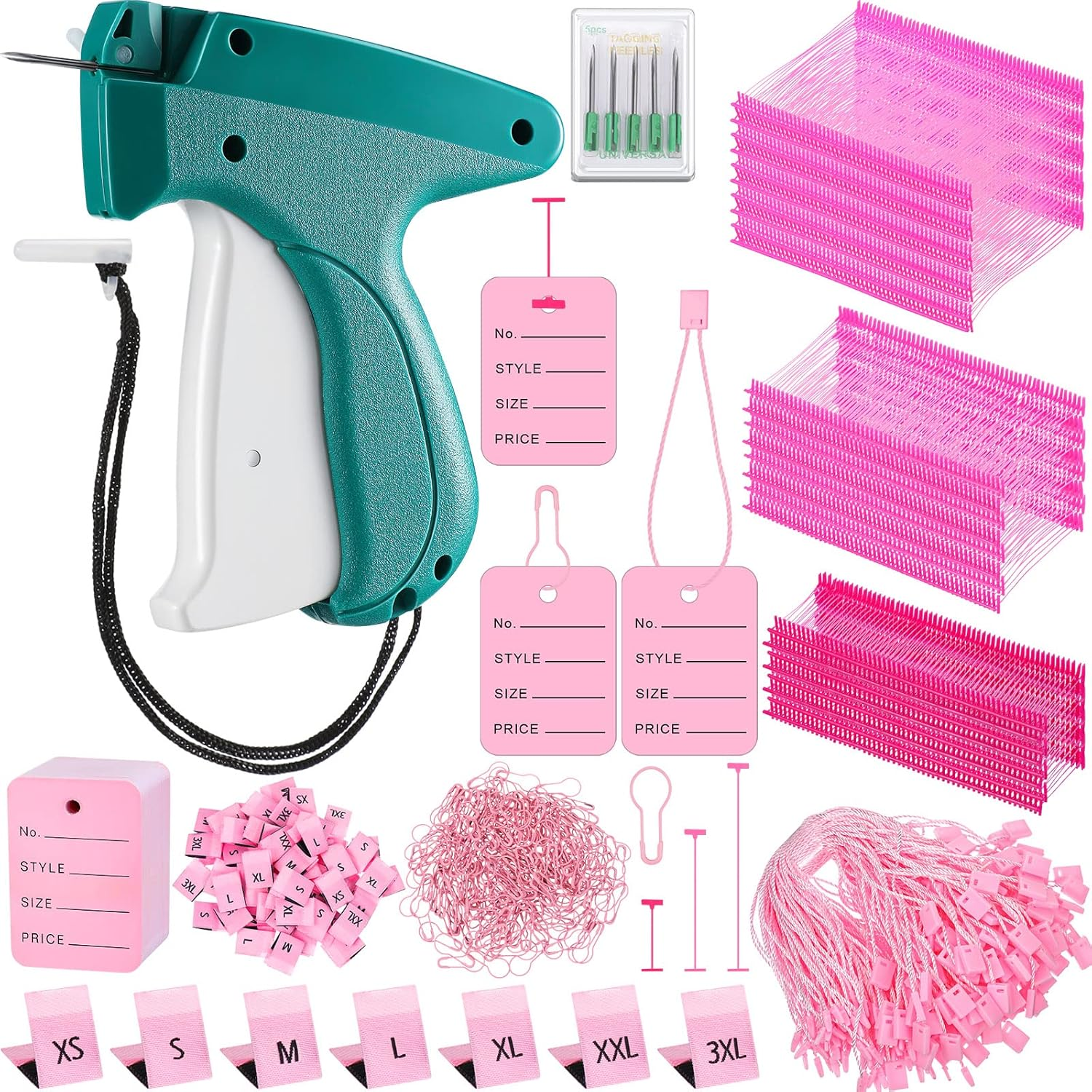 Chumia 3576 Pcs Tagging Gun Clothes Garment Tag Attacher Kit with Needles Standard Plastic Barbs Fasteners Hang Label Strings Gourd Safety Pins Retail Price Size Label for Warehouse(Pink)