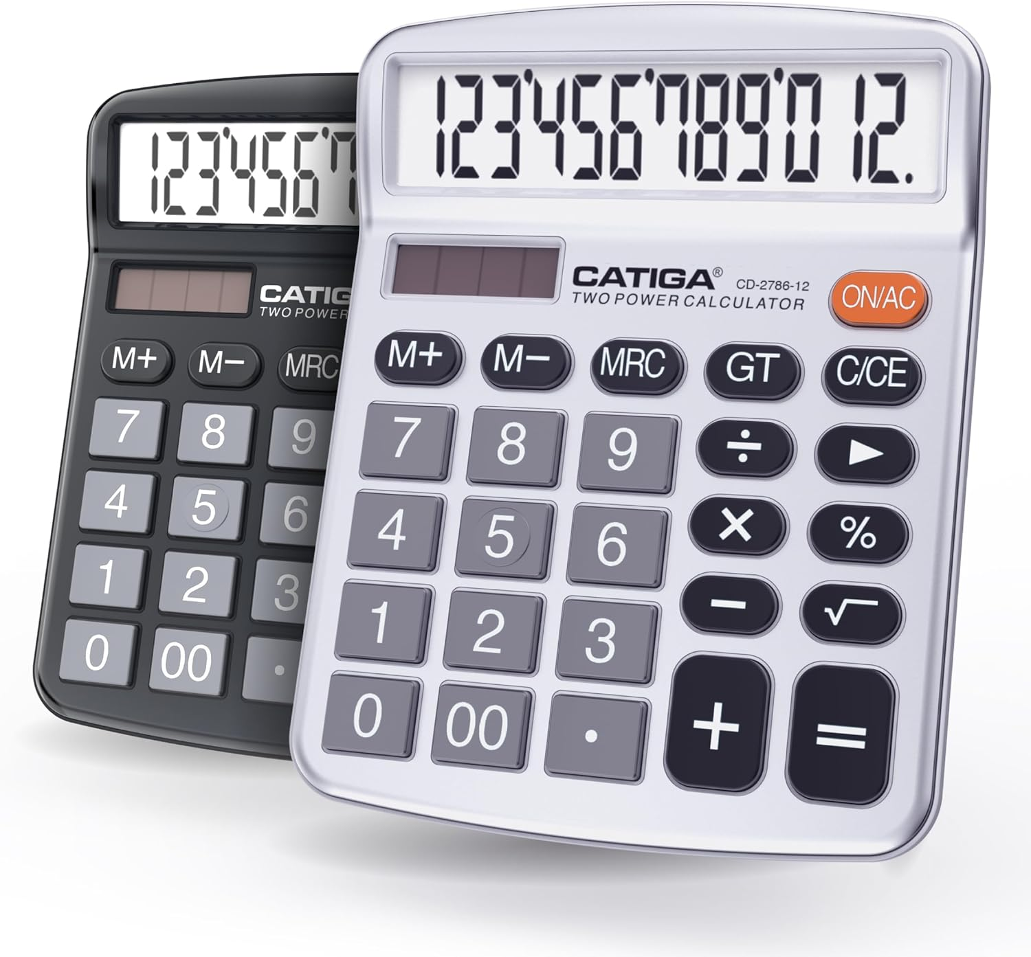 Desktop Calculator (2 Pack) 12 Digit with Large LCD Display and Sensitive Button, Solar and Battery Dual Power, Standard Function for Office, Home, School, CD-2786 (Black/Silver)