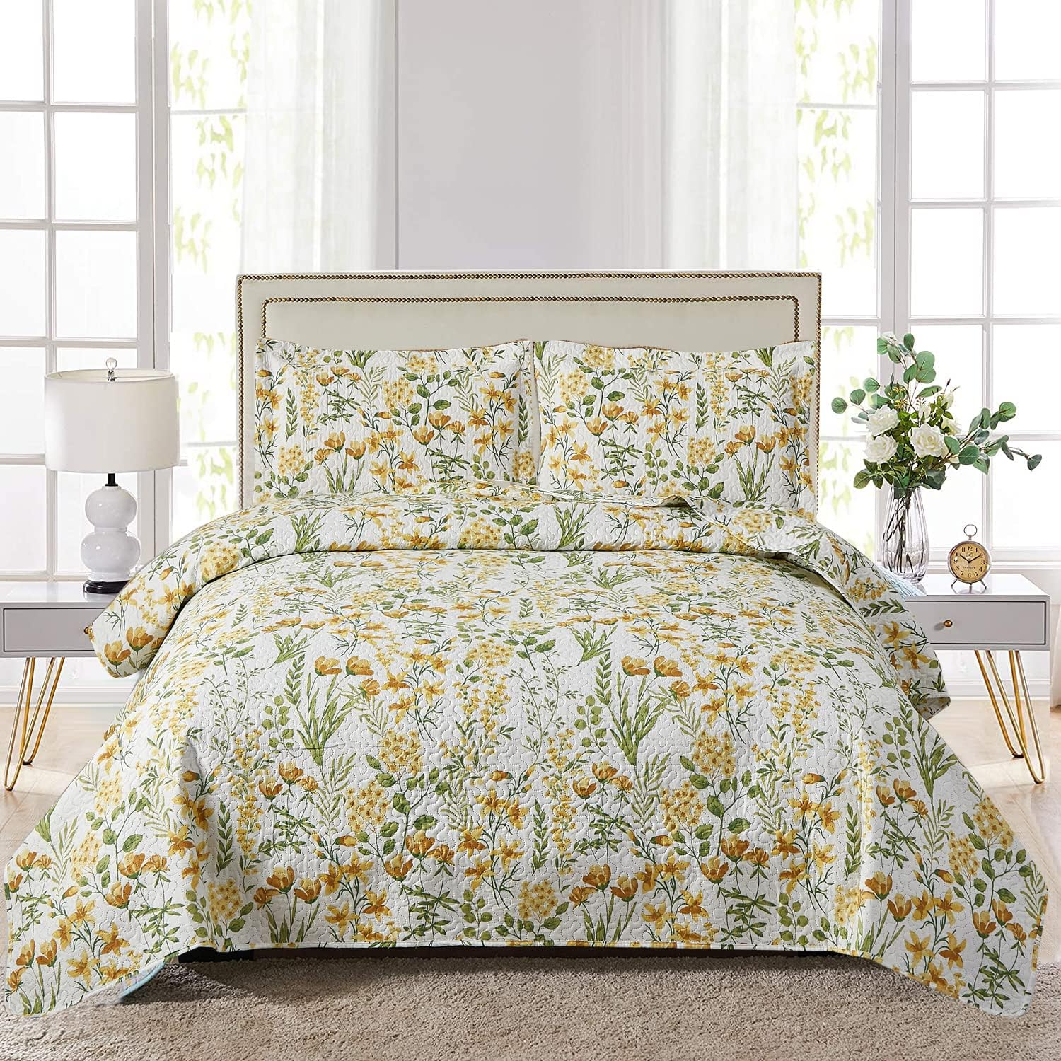 Floral Quilt Sets King Reversible Countryside Bedspread Coverlets Apricot Yellow