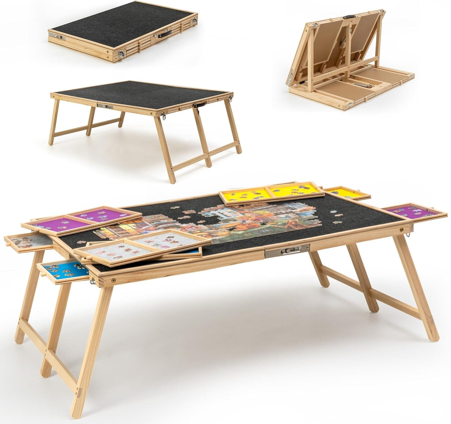 2000 Piece Foldable Puzzle Board with Cover, Wooden Jigsaw Puzzle Table with 8 Drawers, Portable Puzzle Easel with Folding Legs, Portable Puzzle Tables for Adults and Teens - Black