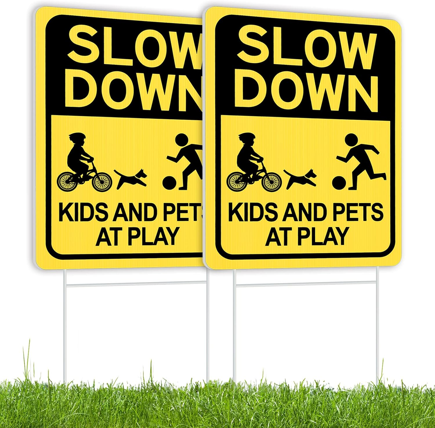 Slow down Sign with Metal Stake 2Pack, Kids and Pets at Play Sign,16" X 12" Corrugated Plastic Double Sided Yard Sign, Child Safety Caution Signs, Children Sign for Street, Lawn Neighborhoods