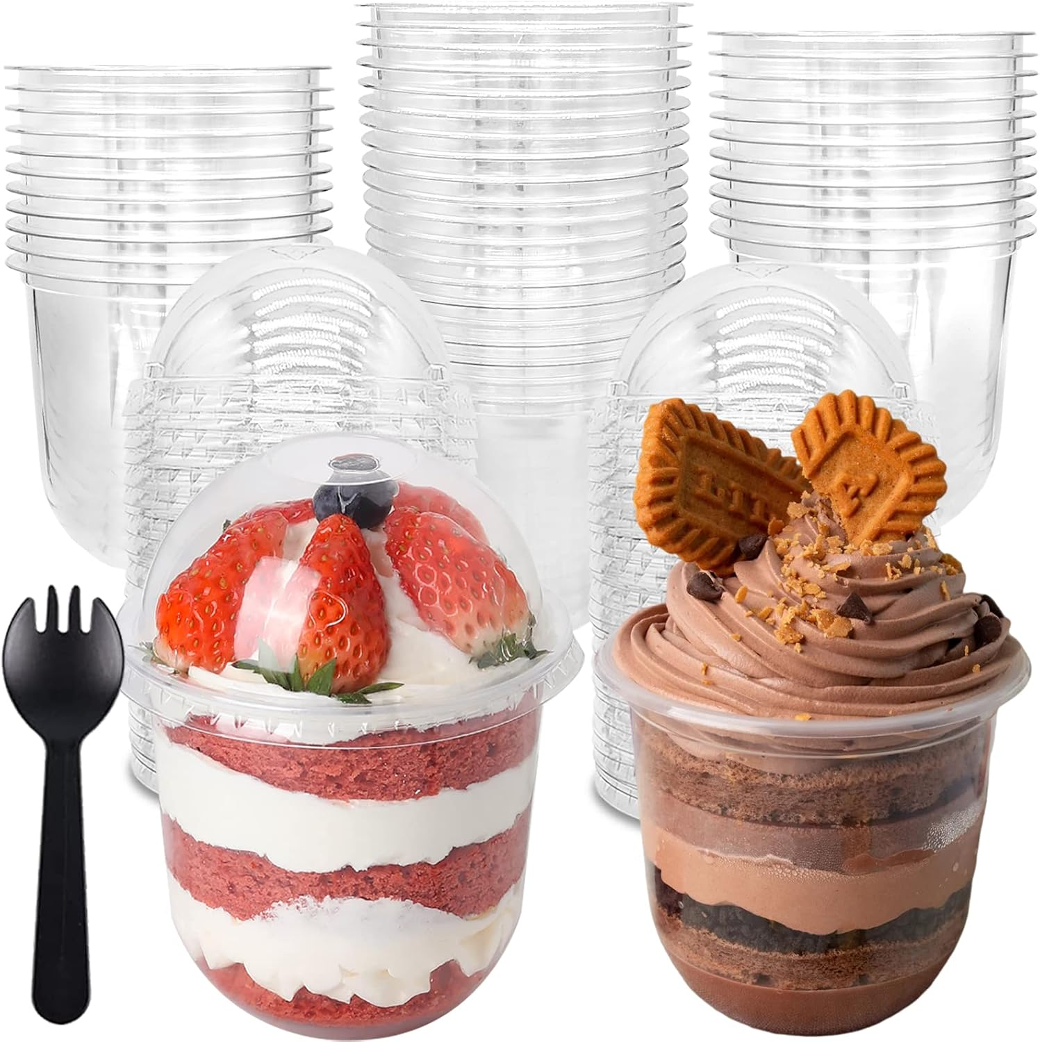 50 Pack 12Oz Clear Plastic Cups with Dome Lids and Sporks No Hole Disposable Fruit Cups for Dessert, Cupcake, Parfait, Pudding, Iced Cold Drinks, Snacks, Fruits, Bakeries, Ice Cream