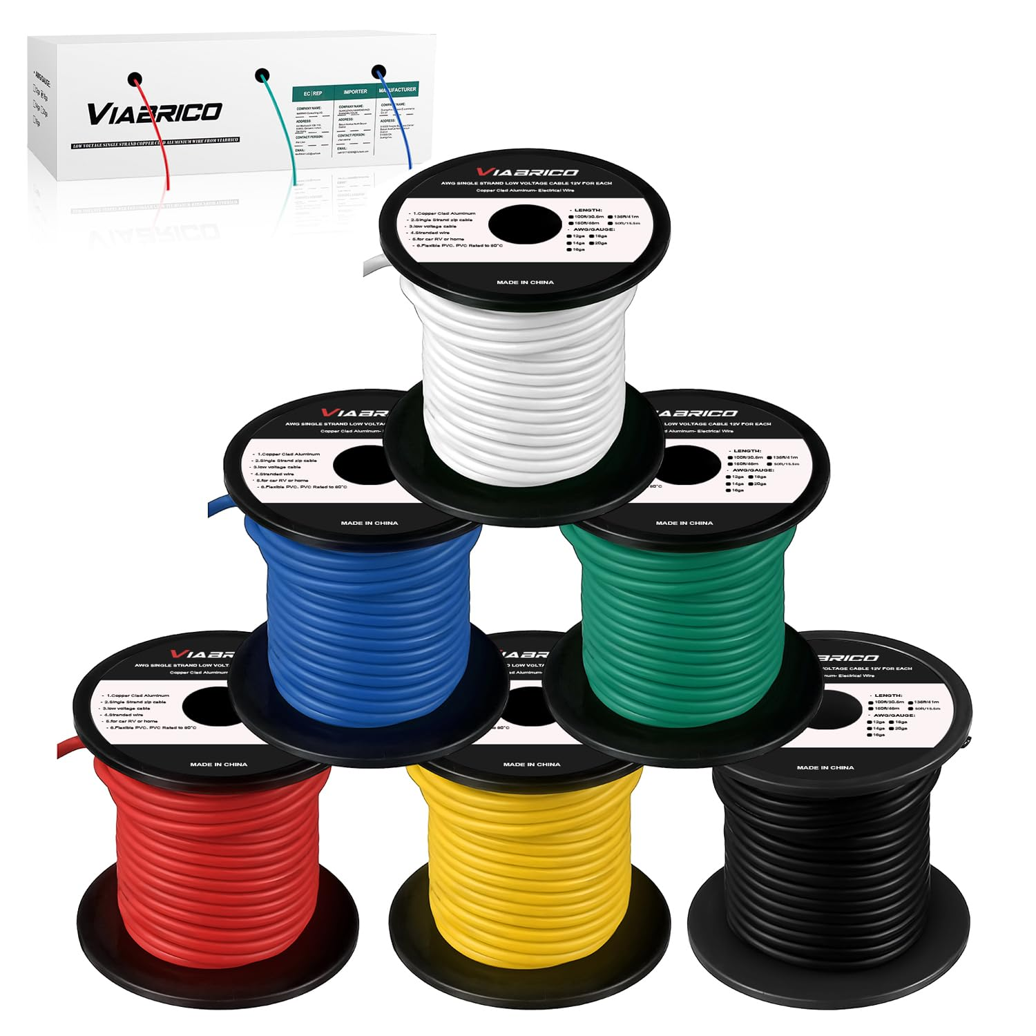 12 Gauge Wire 600FT, 12 AWG Auto Wire 100Ft Each Spool, 6 Colors Copper Clad Aluminium Low Voltage Electrical 12 Gauge, Hookup Kit for Breadboard/Automotive/Diy/Battery