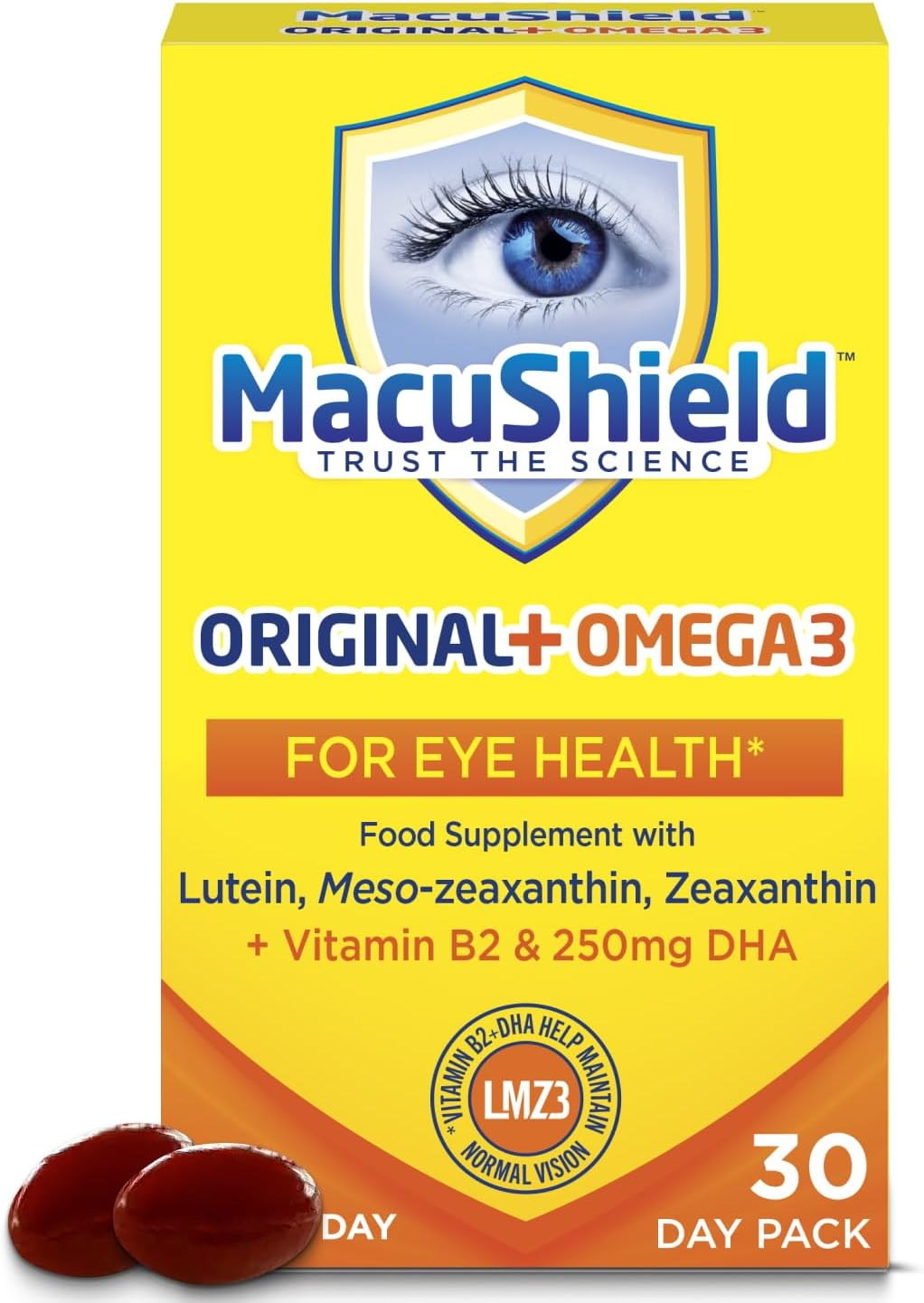 Macushield Original+ Omega 3, Eye Supplement with Lutein, Meso-Zeaxanthin and Zeaxanthin, and Vitamin B2 which helps Support Normal Vision, 30-Day Pack