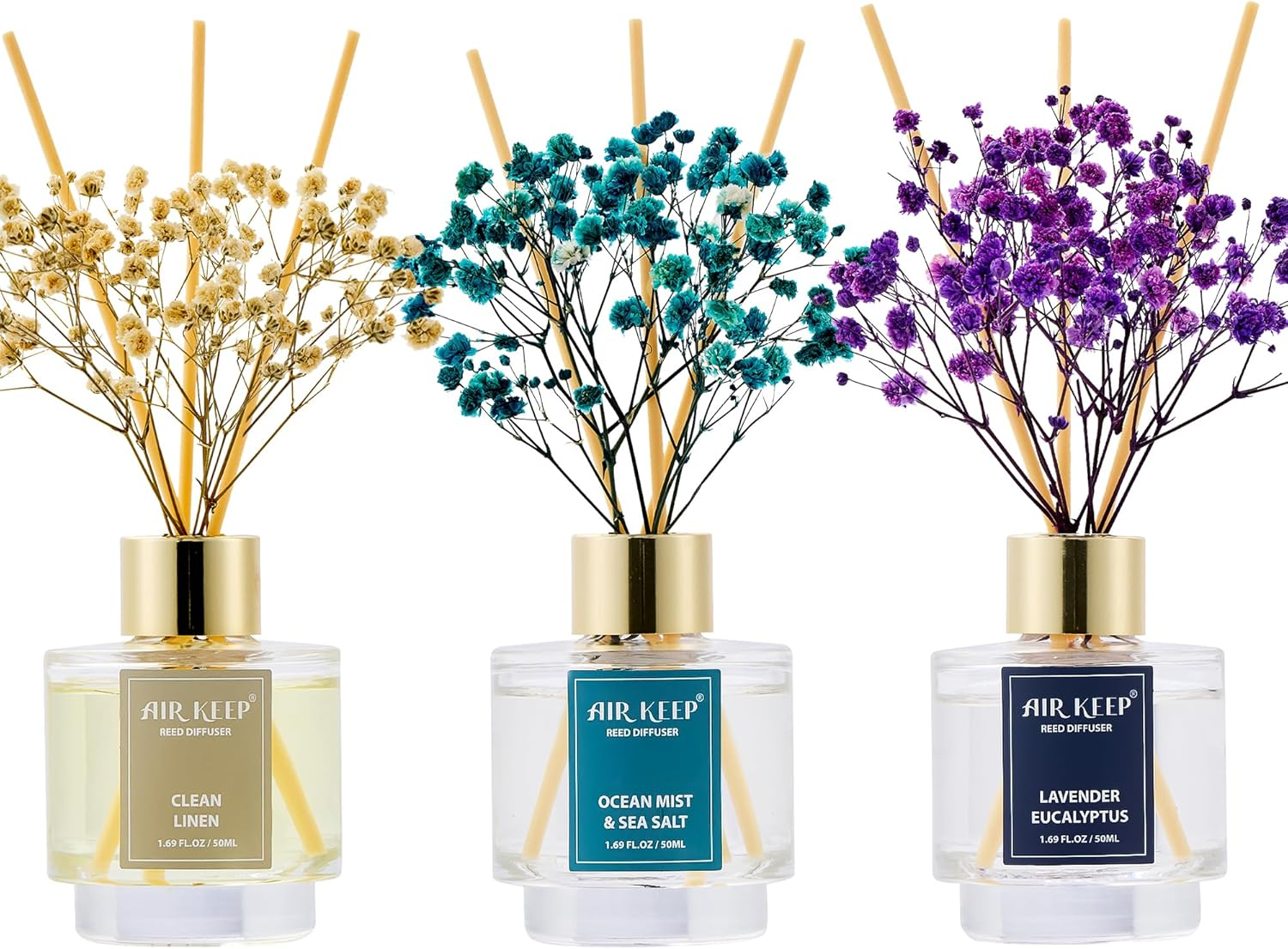Airkeep Reed Diffuser Set of 3,Clean Linen Ocean Mist&Sea Salt Lavender Eucalyptus Oil Reed Diffusers for Bedroom Living Room Office Aromatherapy Oil Reed Diffuser for Gift 50Ml X 3