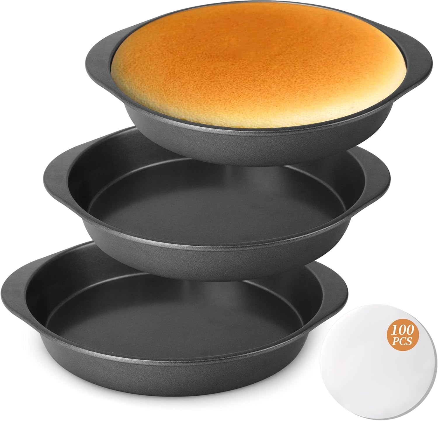 9 Inch Cake Pan Set - 100 Pcs Parchment Paper with 3 Pcs Carbon Steel round Cake Pans, Nonstick Baking Pans Set with Handle, Dishwasher Safe