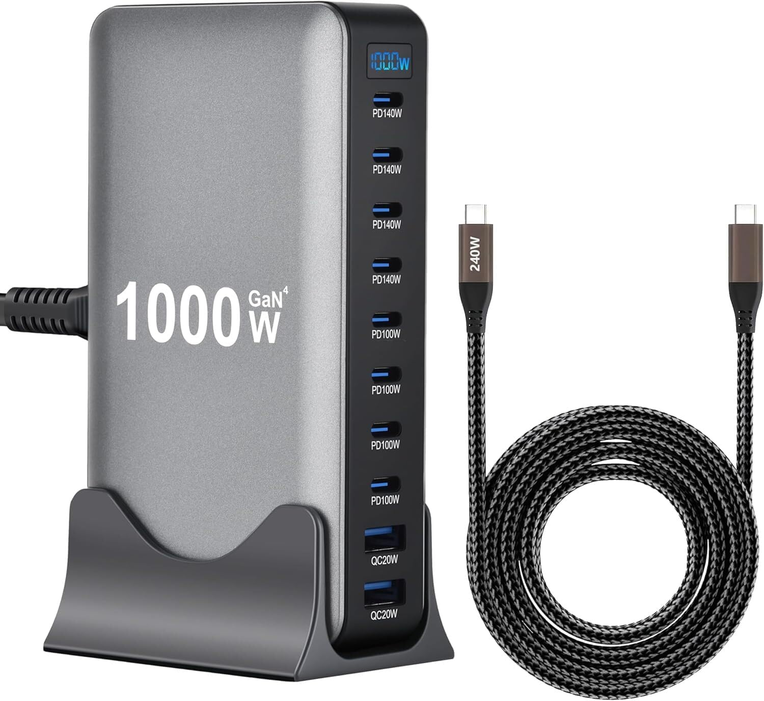 Famous Tech Shop 1000W Gan 10-Port USB-C Charging Station with 240W Cable, Fast Desktop Charger for Laptops, Tablets, Phones, Gaming Consoles