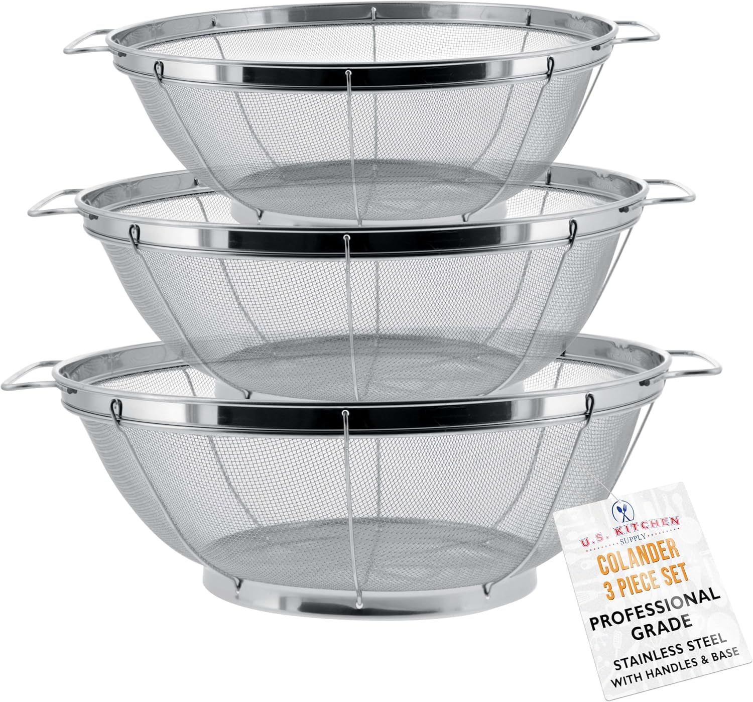 U.S. Kitchen Supply - 3 Piece Colander Set - Stainless Steel Mesh Strainer Net Baskets with Handles & Resting Base - 11