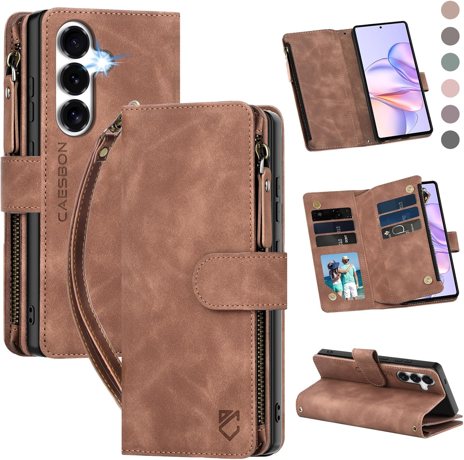 For Samsung Galaxy S26-Wallet Case: with RFID Blocking Card Slots (6 Cards) | Soft PU Leather Magnetic Snap Zipper Pocket | Crossbody Wrist Strap Protective Phone Cover - Brown