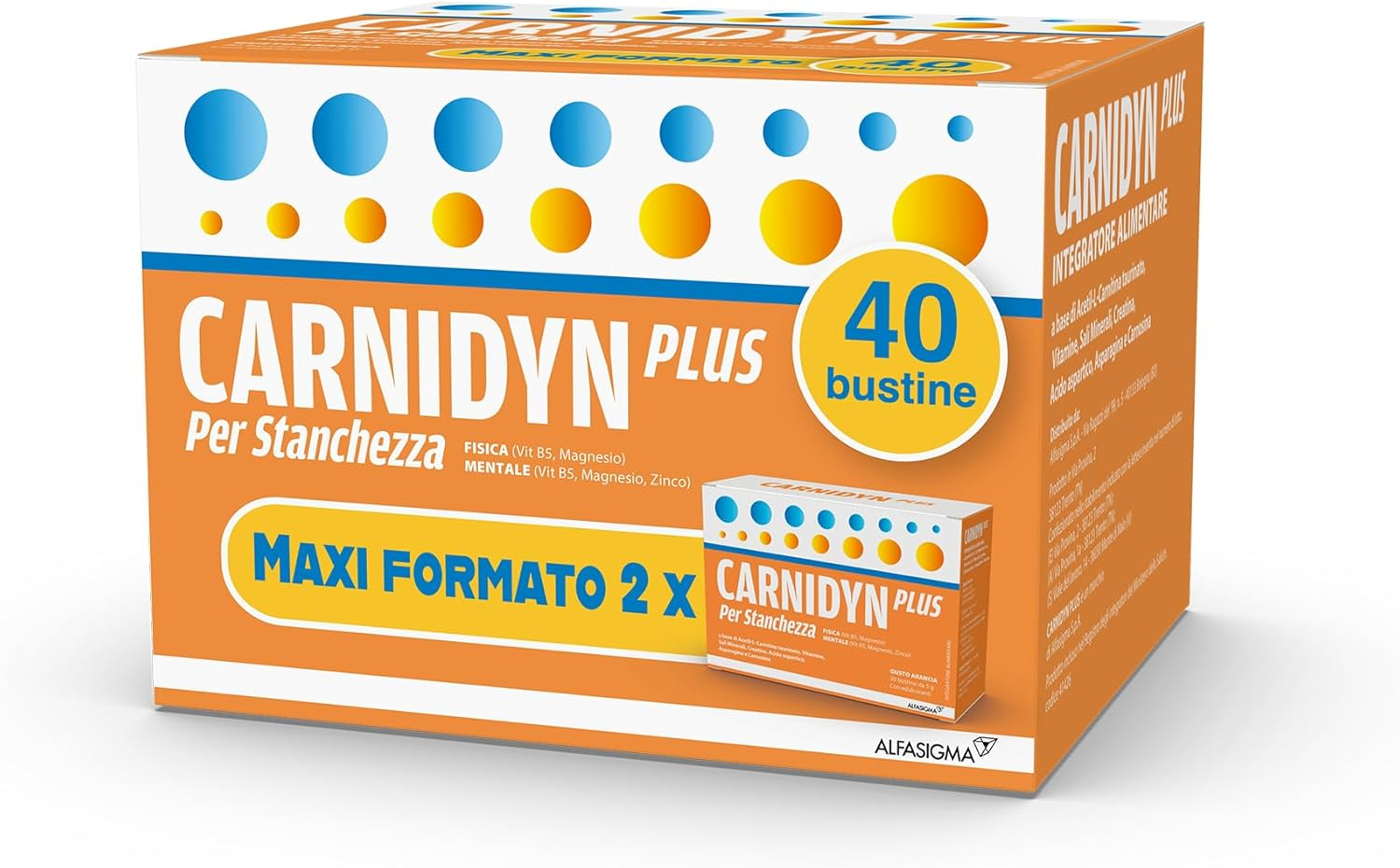 Carnidyn plus Integratore Alimentare Con Carnitina, Zinco E Vitamina B5, Supporto per Stanchezza Fisica, Mentale E Stress, 2 X 20 Bustine, Gusto Arancia