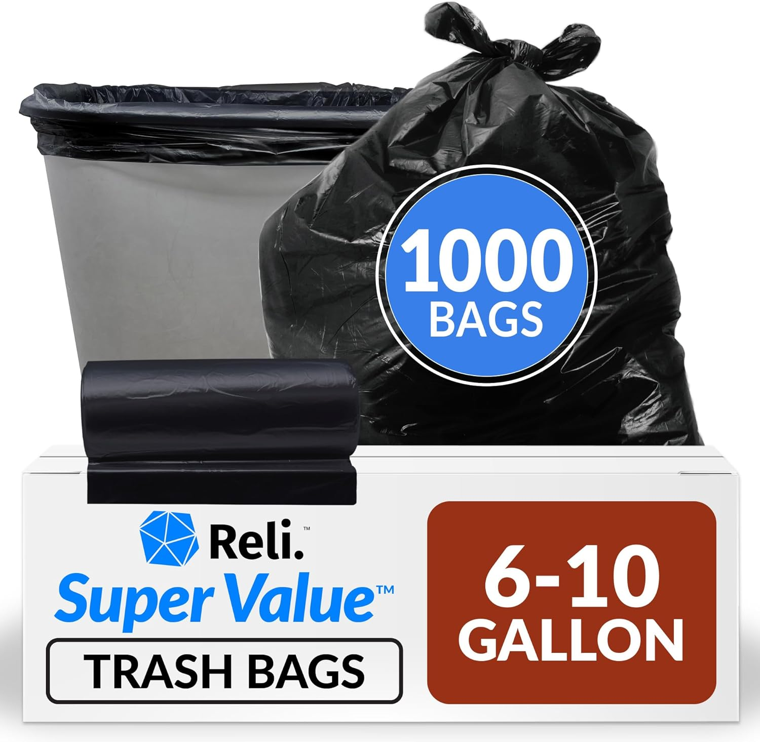 6-10 Gallon Trash Bags | 1000 Bags | Black | Bathroom | Strong | Garbage