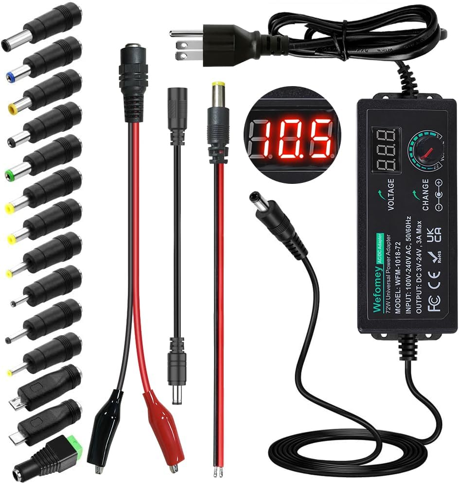 Universal Power Supply 3V~24V 3A 72W Adjustable Variable AC/DC Adapter Charger, 100V-240V AC to DC Converter with LED Voltage Display & 14 Tips & Polarity Converter & Test Lead