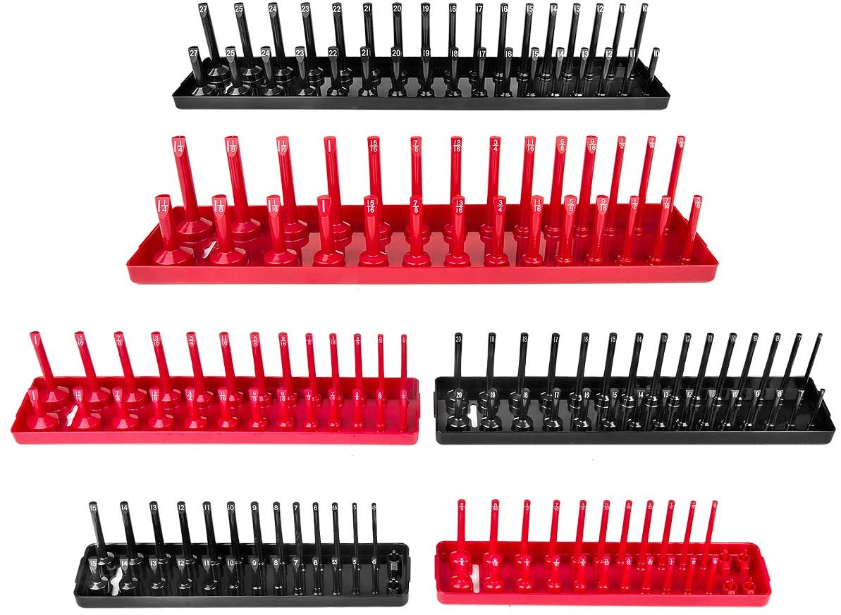 6PCS Socket Organizer Tray Set, Red SAE & Black Metric Socket Storage Trays, 1/4-Inch, 3/8-Inch & 1/2-Inch Drive Deep and Shallow Socket Holders for Toolboxes