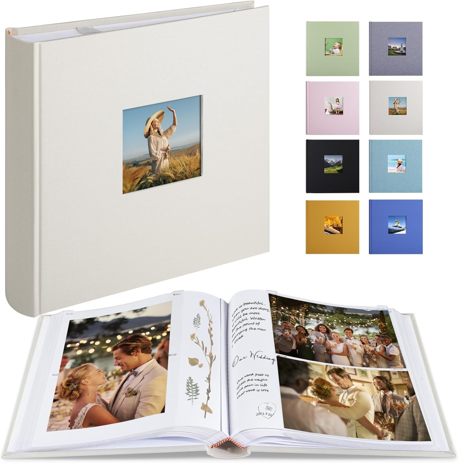 Photo Album with Writing Space 50 Pages 4X6 Photos Hold 200 or 5X7 Pictures Hold 100, Linen Cover Small Photo Book Albums with Memo for Anniversary Wedding Baby (Beige)