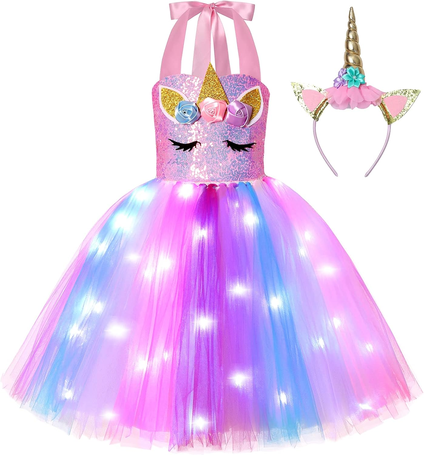 Unicorn Dress for Girls Sequin Unicorn Costume with LED Lights for Halloween Birthday Party Decorations