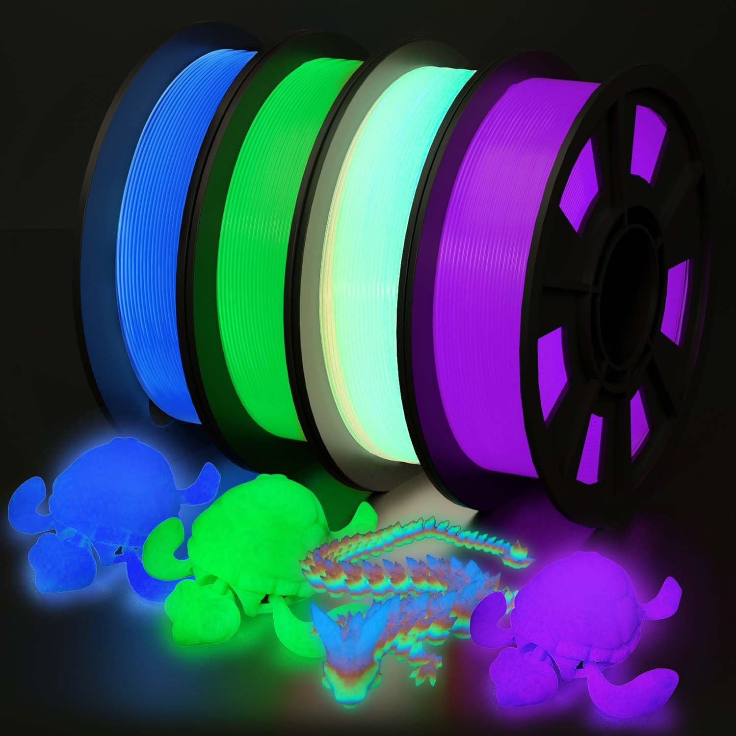 3D Printer Filament Bundle, Glow in the Dark Filament Multicolor, Green, Blue, Purple and Rainbow, PLA Filament 1.75 Mm, Dimensional Accuracy +/- 0.03 Mm, 250G X 4 Pack